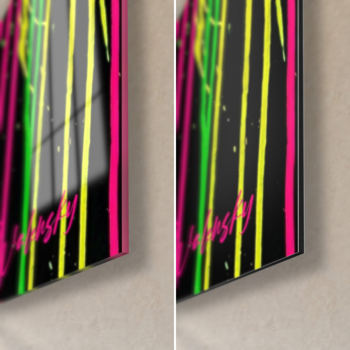 Wall art Pomeranian fur ball, bottom right corner: glossy glass with reflections, matte black Dibond aluminium, pink drips, 3 mm edge