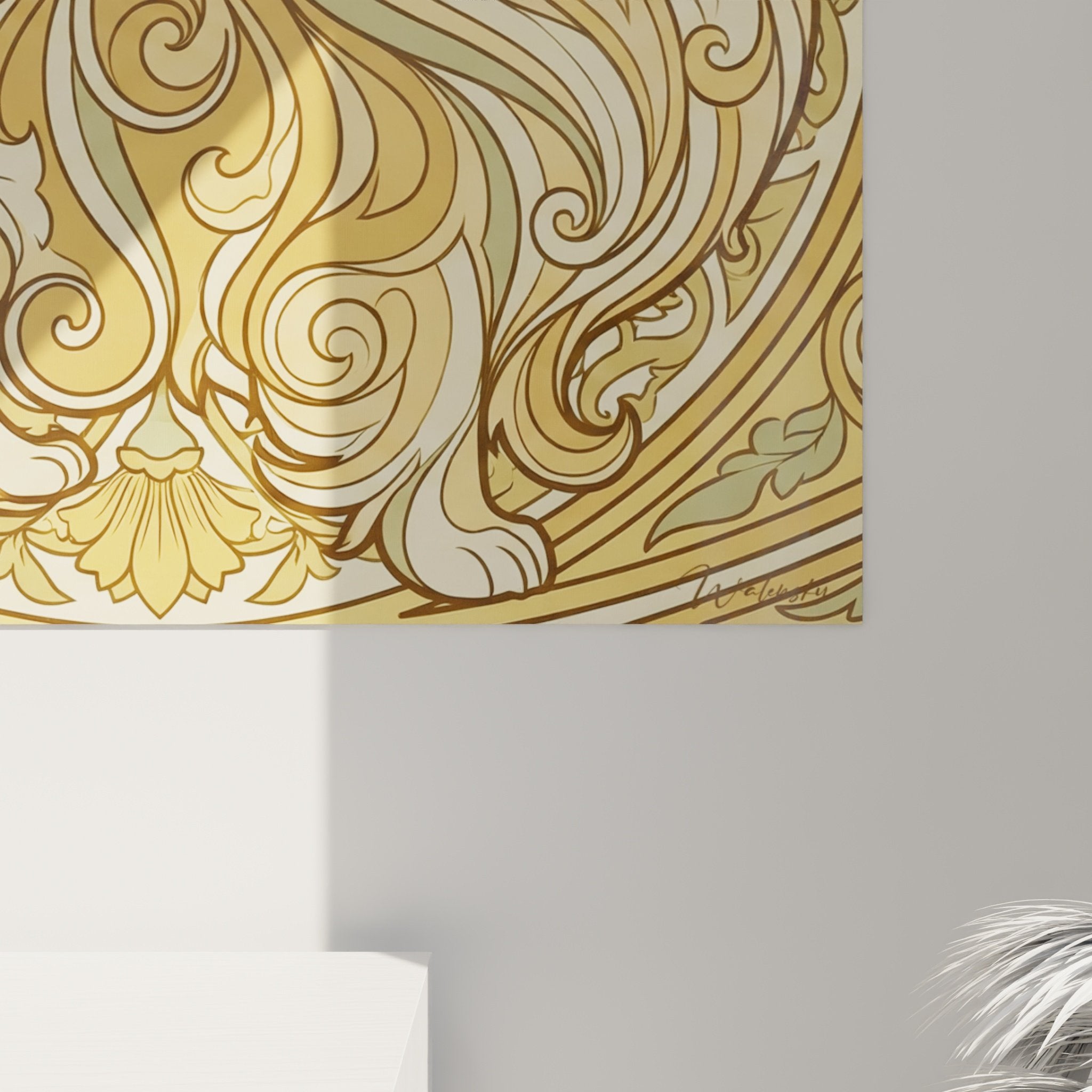 Vue ensemble tableau spitz pomeranien dore decoration interieur raffine