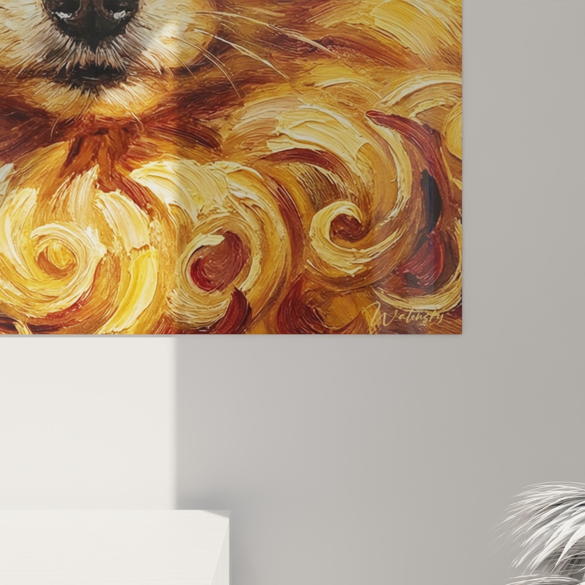 Vue ensemble tableau Spitz Pomeranien flammes dorees tons cuivres oranges composition artistique decorative