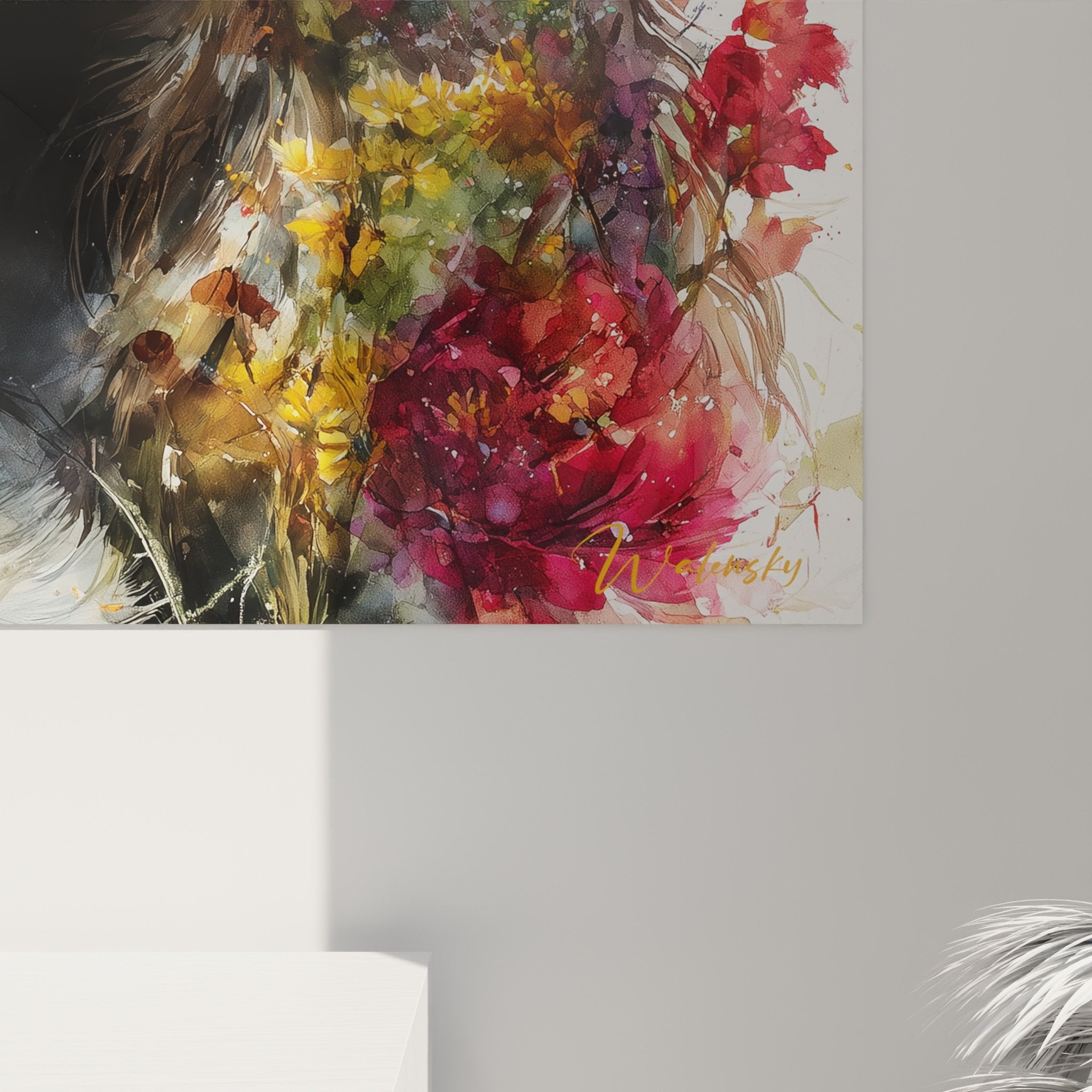 Vue d'ensemble tableau mural Springer Anglais style aquarelle fleurs rouges violettes jaunes