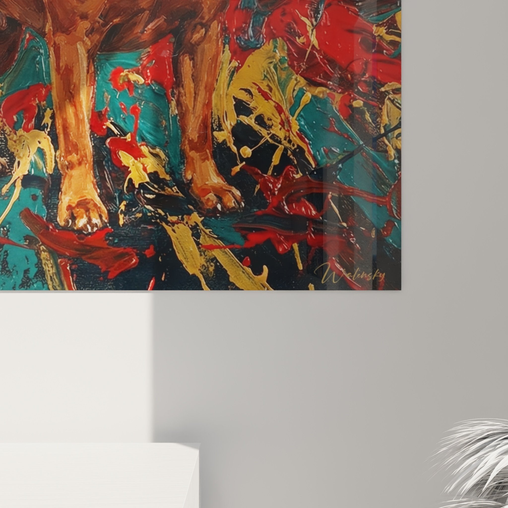 Gesamtansicht Staffordshire Bull Terrier Kunstwerk zeitgenössische Kunst farbiger spritzender Hintergrund