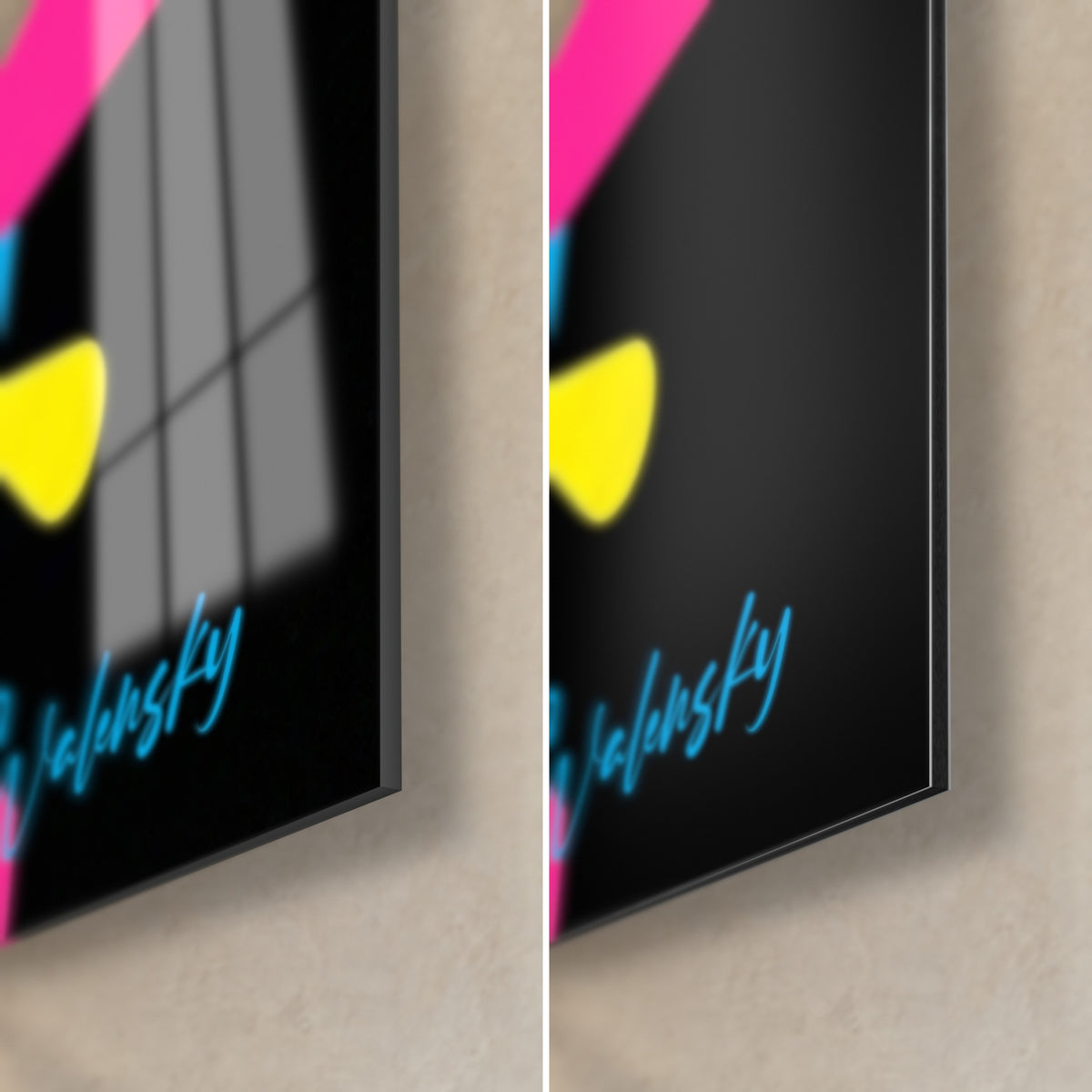Πίνακας με μπουλντόγκ pop art, κάτω δεξιά γωνία: γυαλί με λαμπερές αντανακλάσεις παραθύρου, ματ μαύρο Dibond, μπλε υπογραφή, πάχος 3 mm