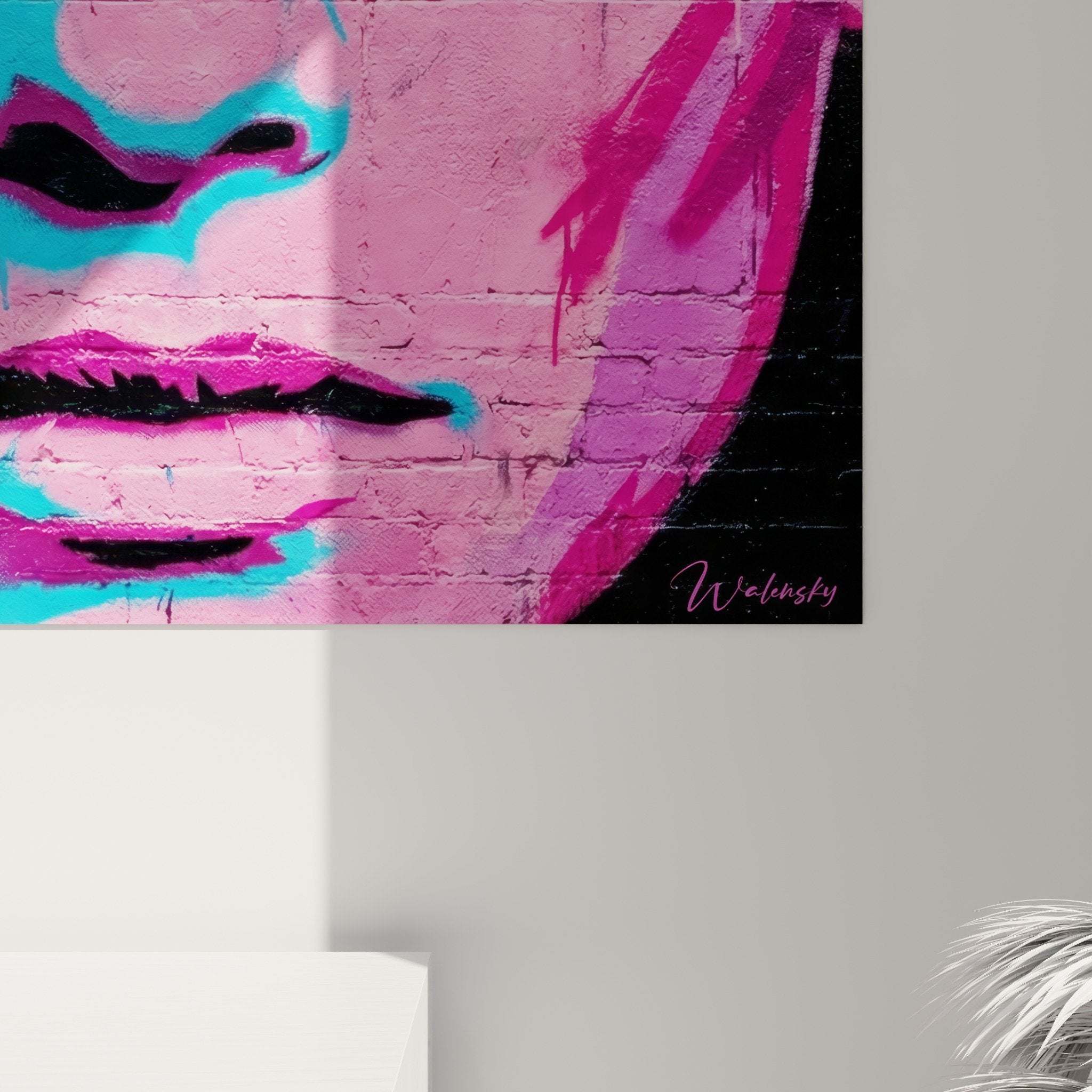 Vue ensemble tableau street art portrait rose cyan decoration murale moderne contemporaine