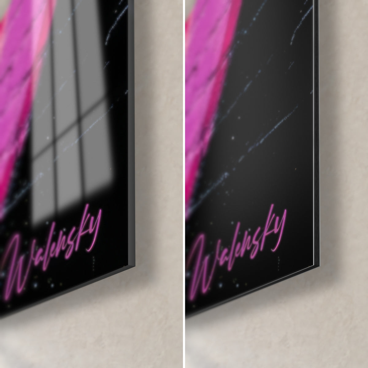 Cuadro mirada femenina en rosa y cian, esquina inferior derecha: cristal acrílico brillante a la izquierda, Dibond negro mate a la derecha, firma magenta