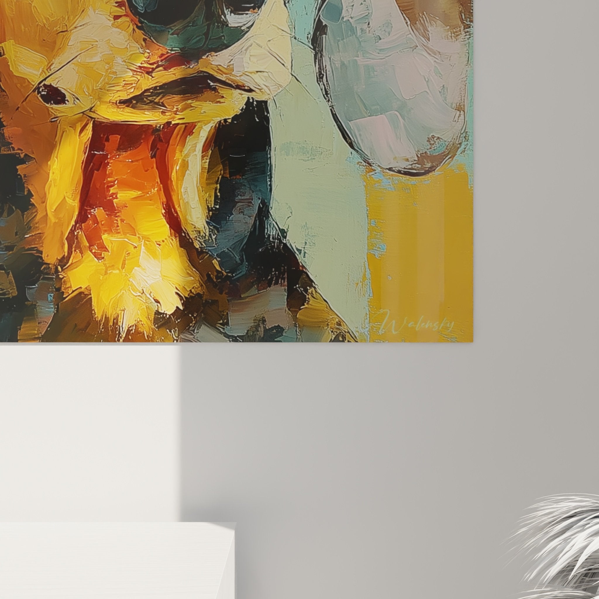 Gesamtansicht Dackel-Gemälde Boho-Stil Baskenmütze lebendige Farben originale Wanddekoration