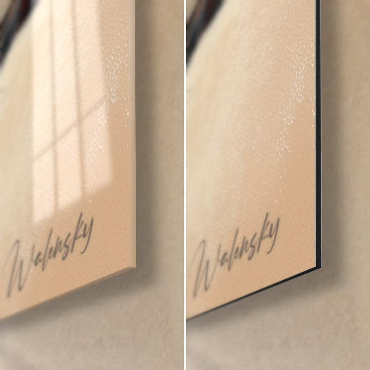 Gemälde Dackel in Rostrot unter einer Decke, untere rechte Ecke: glänzendes Acrylglas mit Reflexen, mattschwarzes Dibond, 3 mm Kante
