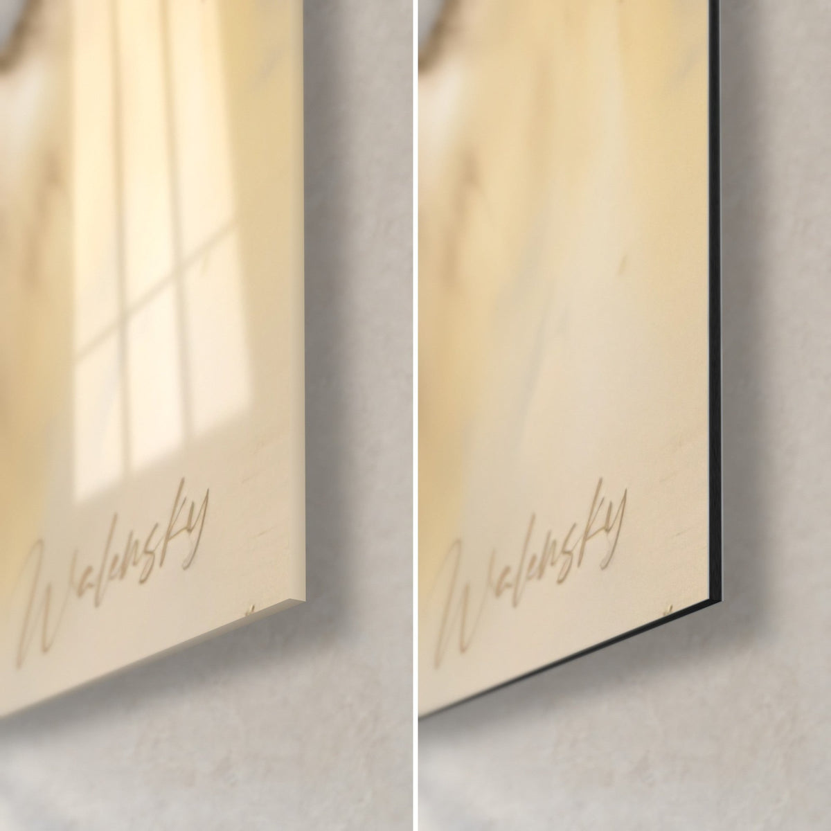 Schilderij slapende teckel, rechtsonder: glanzend acrylglas links, mat Dibond rechts, dunne rand en gouden handtekening