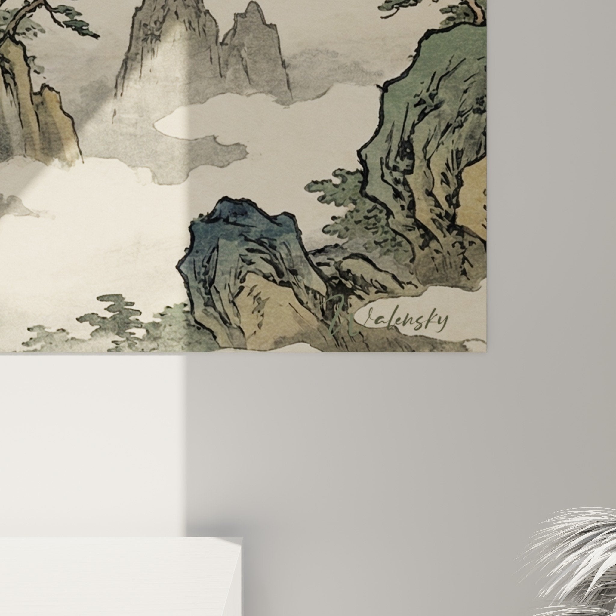vue ensemble tableau temple bouddhiste pagodes montagnes nuages decoration interieur zen