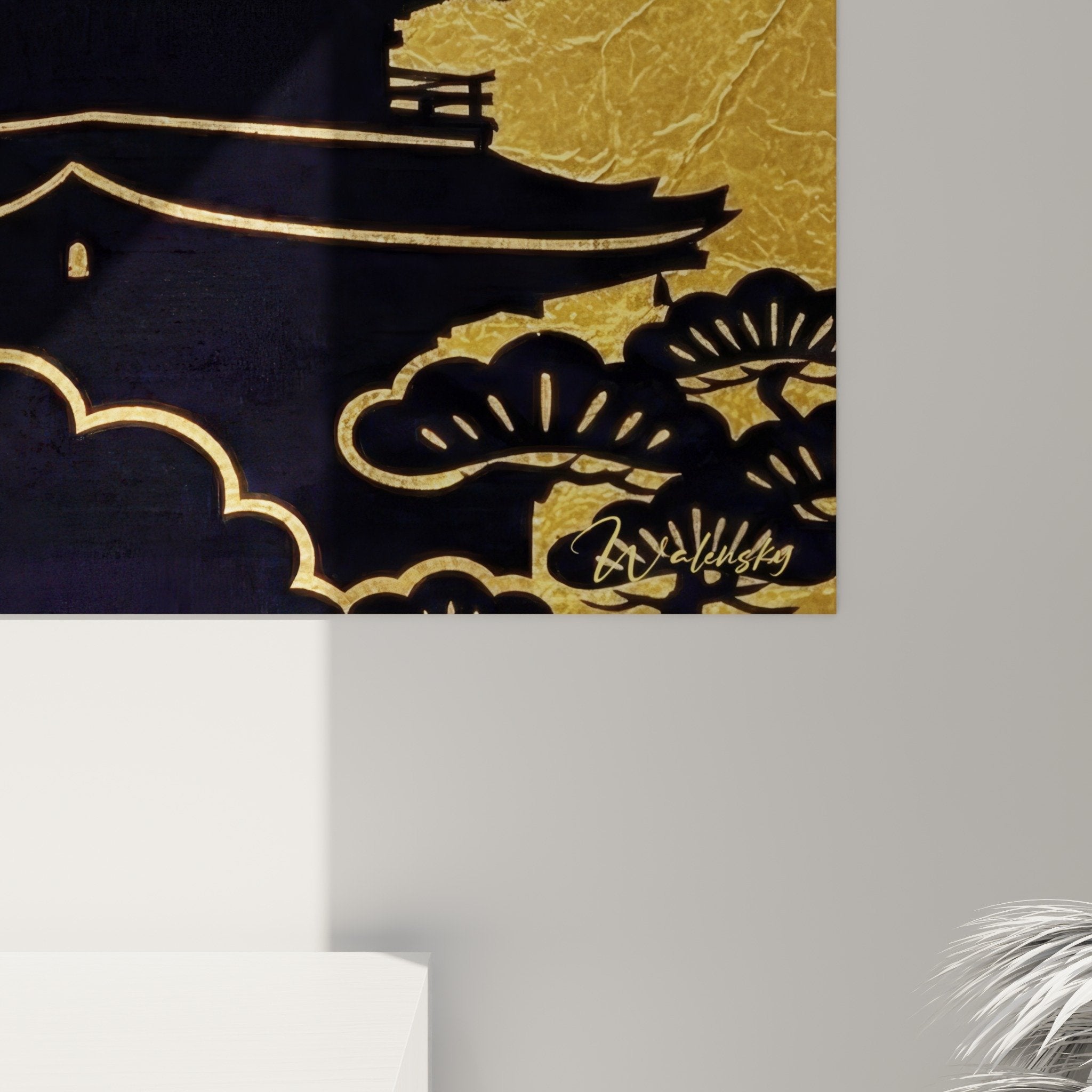 Overall view Buddhist temple pagoda painting golden wall art Asian spiritual zen decoration