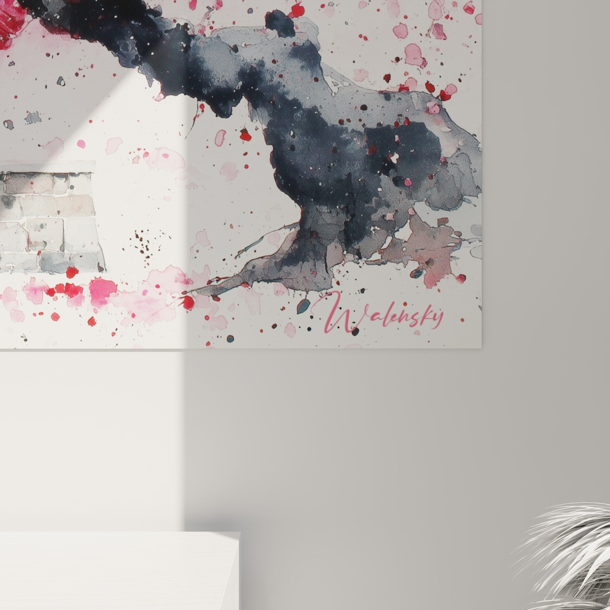 Full view Japanese temple wall art with pink cherry blossoms modern zen Asian interior decoration