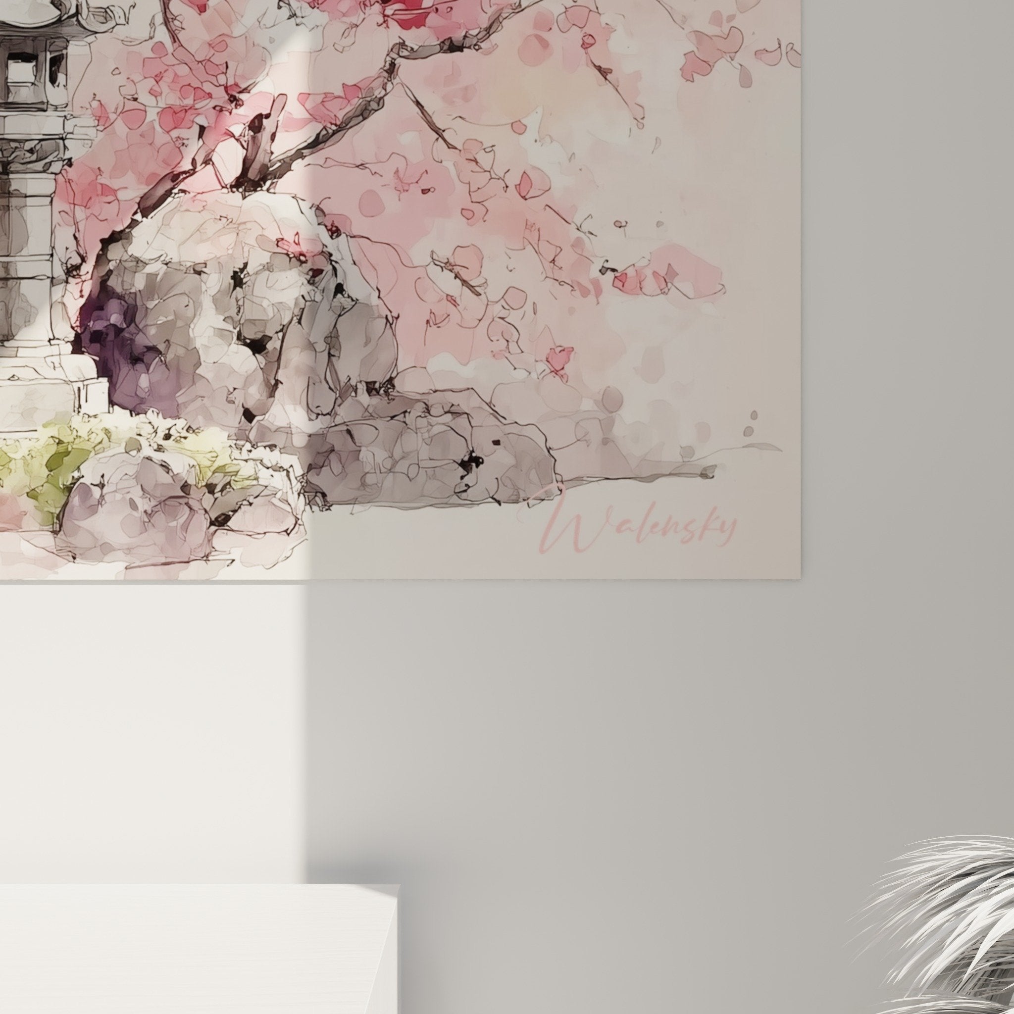 Overall view of Japanese temple watercolor wall art interior decoration white wall cherry blossom pink flowers