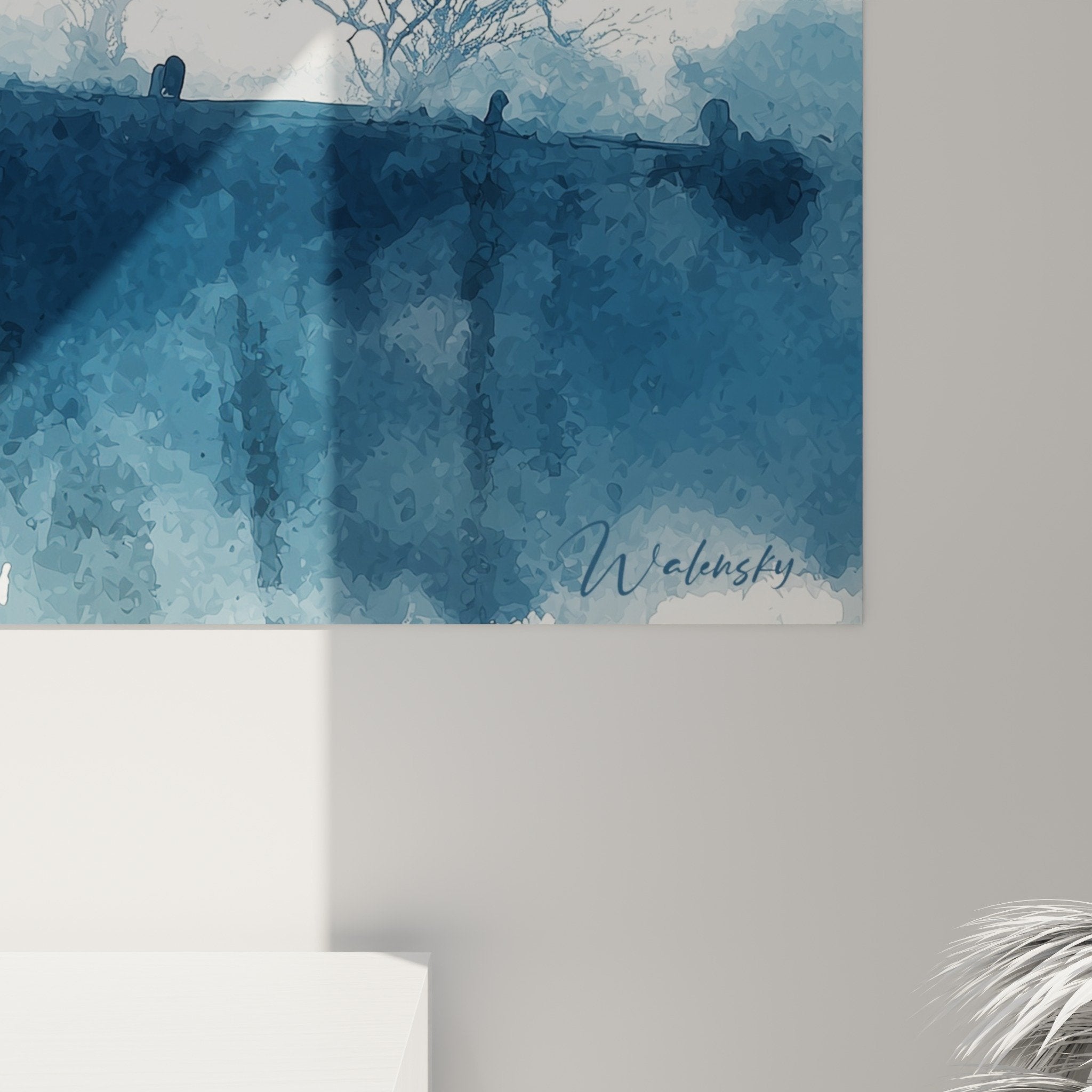 Vue ensemble tableau temple mystique aquarelle bleue decoration interieur pagode