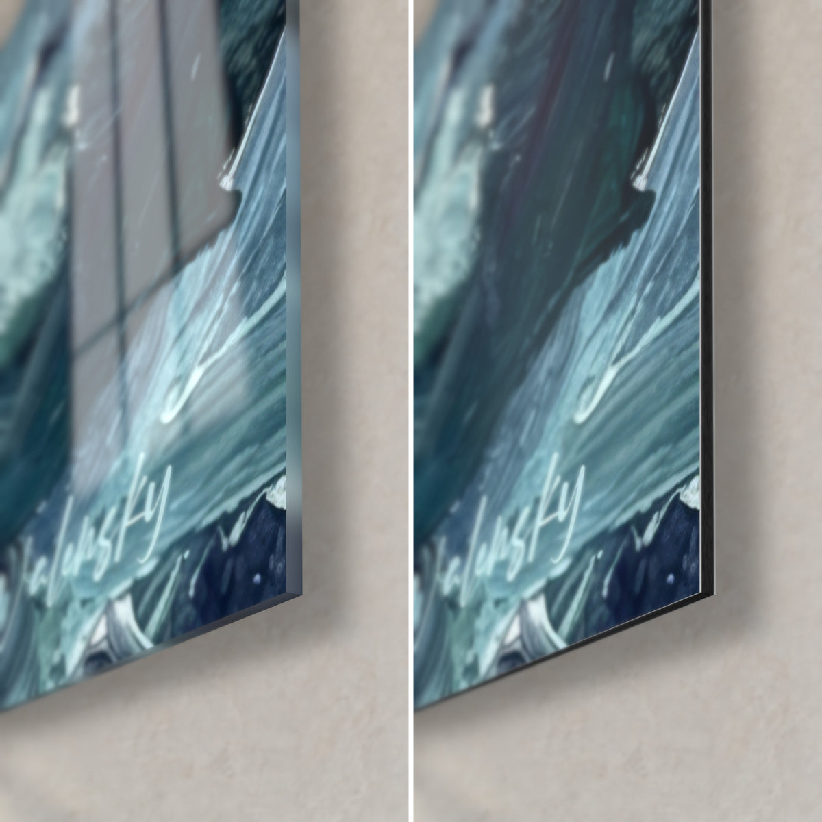Wall art sanctuary on a cliff, bottom right corner, turquoise and midnight blue waves, glossy glass on the left, matte Dibond on the right