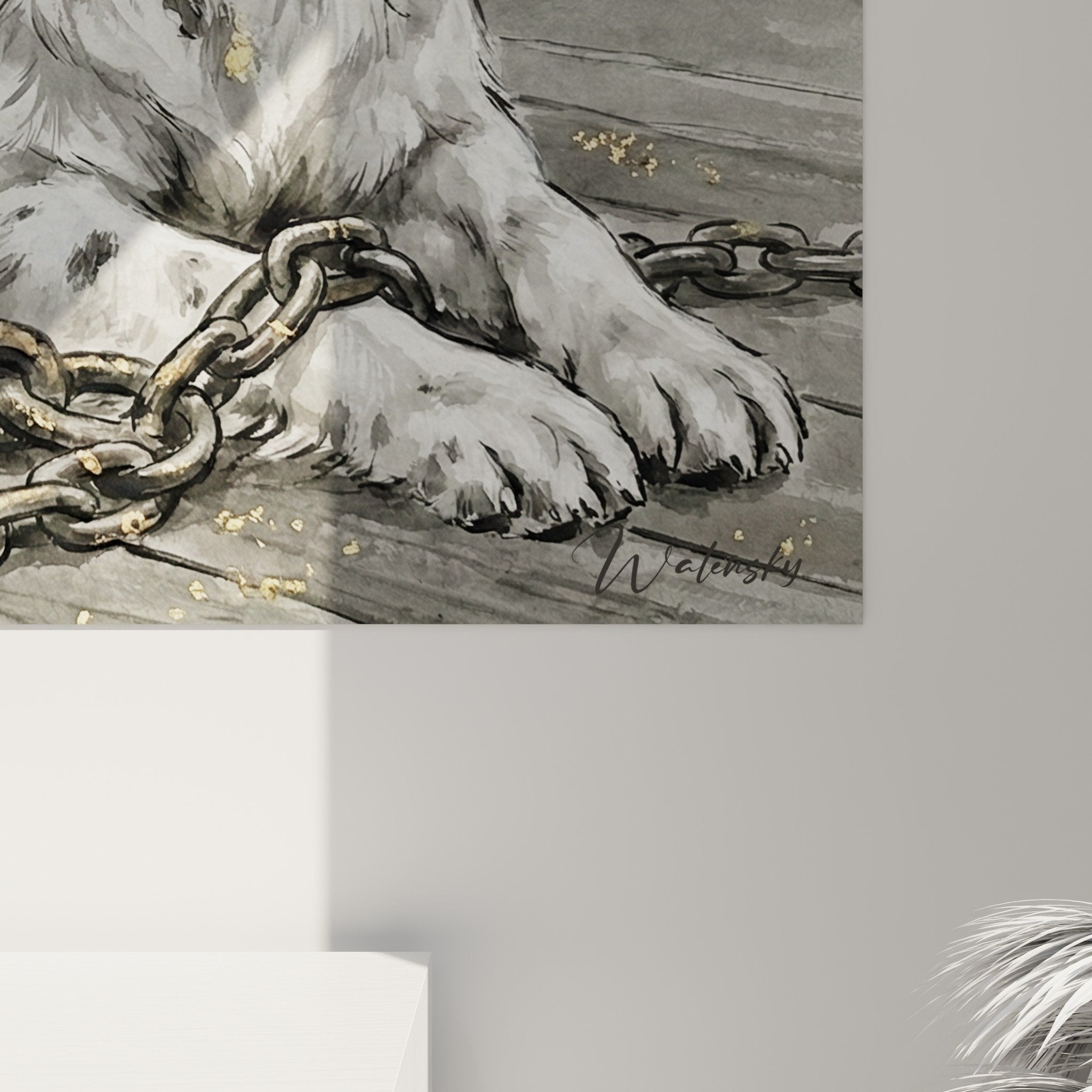 Full view Newfoundland painting marine anchor wall art living room nautical style harbor atmosphere