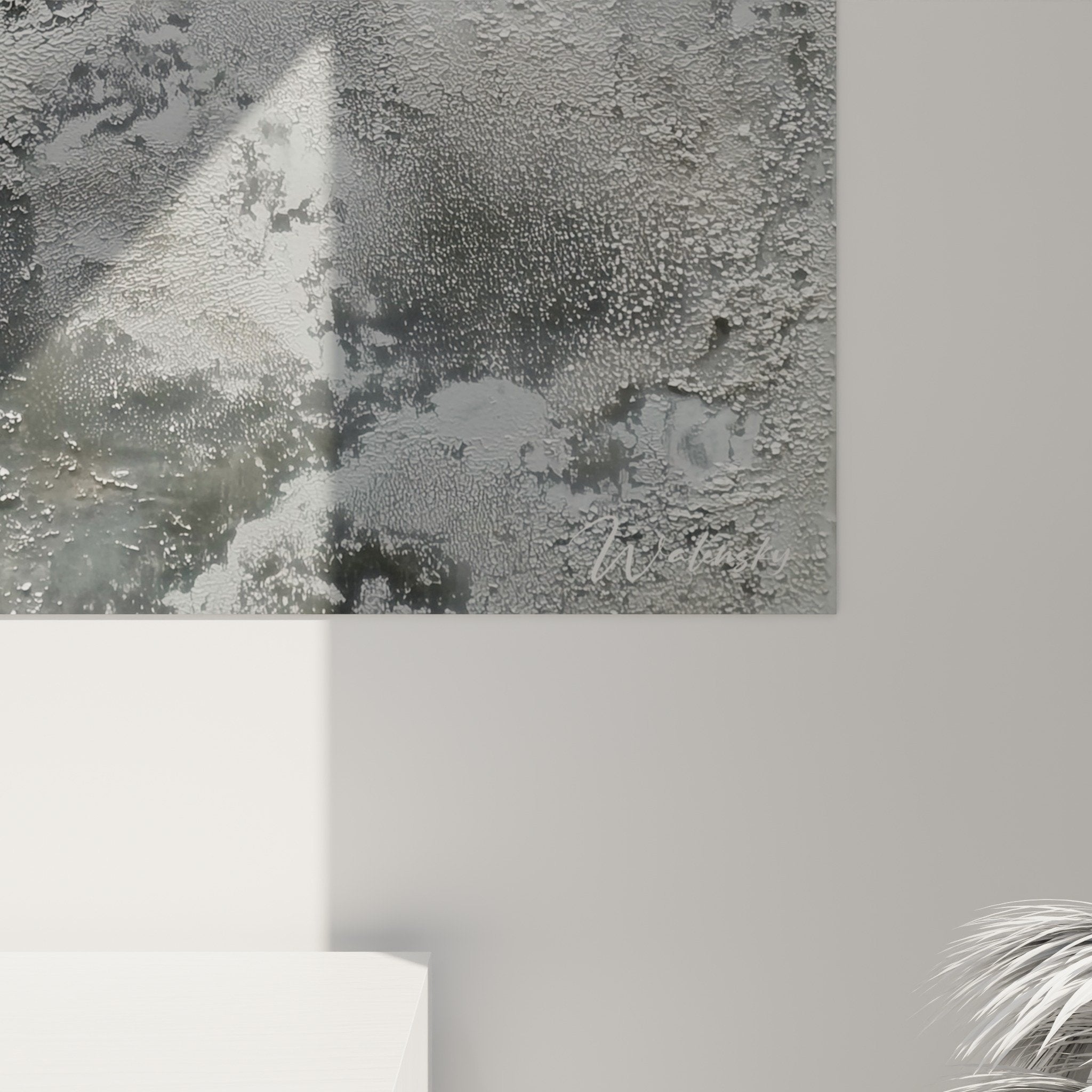 Abstract grey textured painting with metallic relief feng shui wall art overview