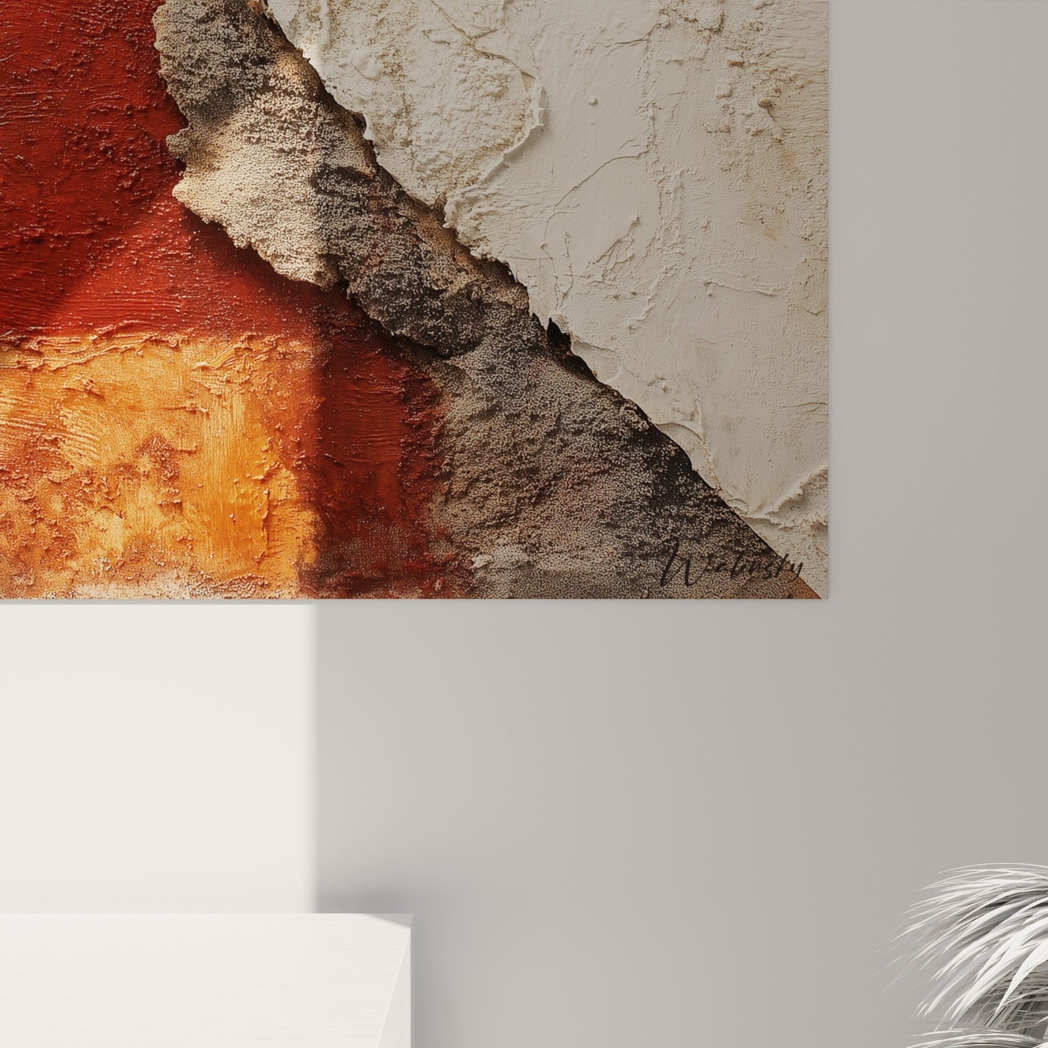 Full view textured wall art peeling ochre white feng shui northeast earth authentic decor