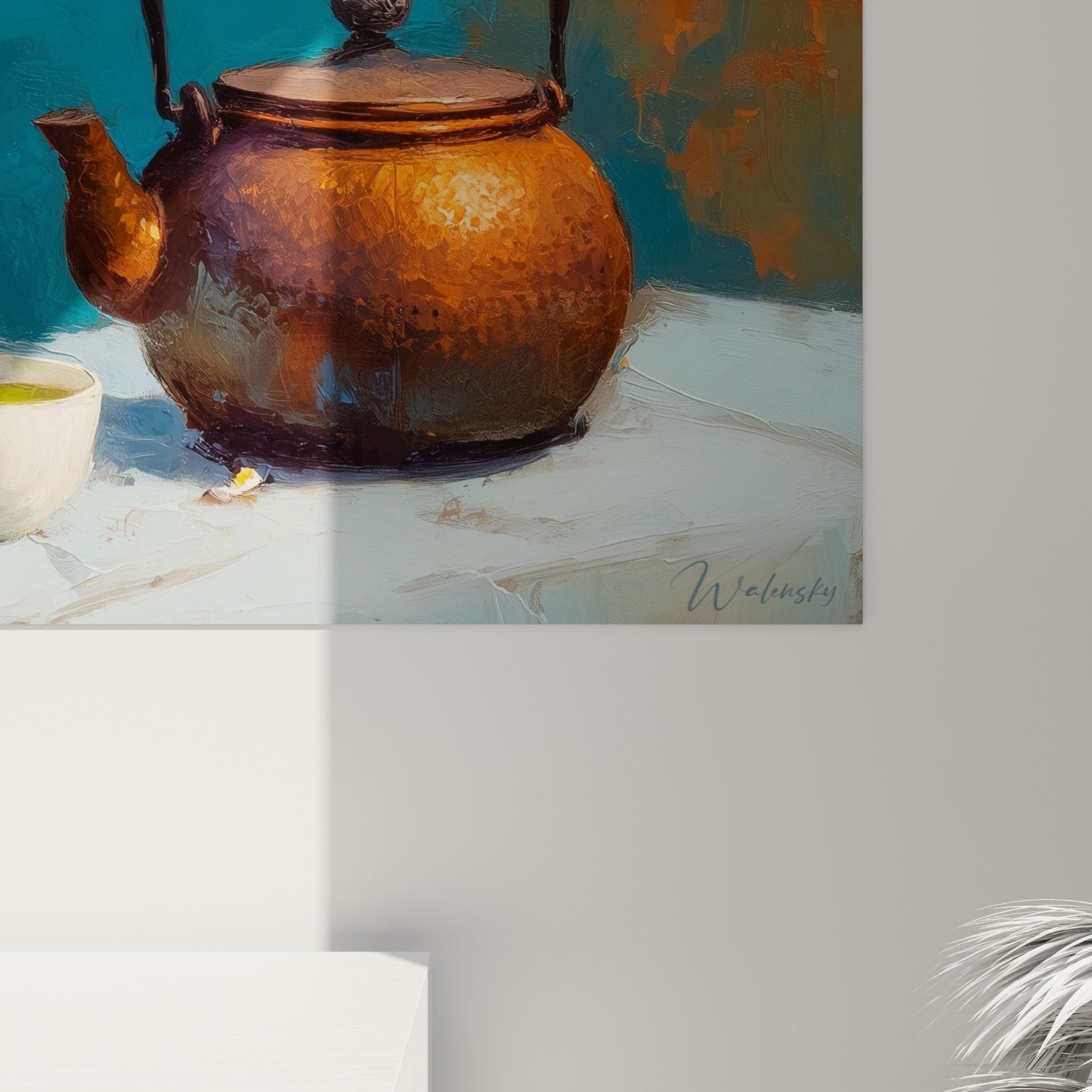Perspective view of Japanese teapot still life painting with tea service turquoise background wall art decor