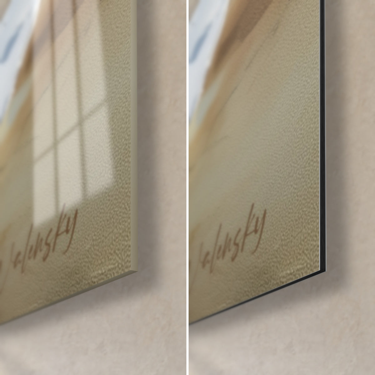 Quadro servizio da tè bianco e limoni, angolo in basso a destra in vetro acrilico lucido e Dibond nero opaco, firma Walensky, spessore 3 mm