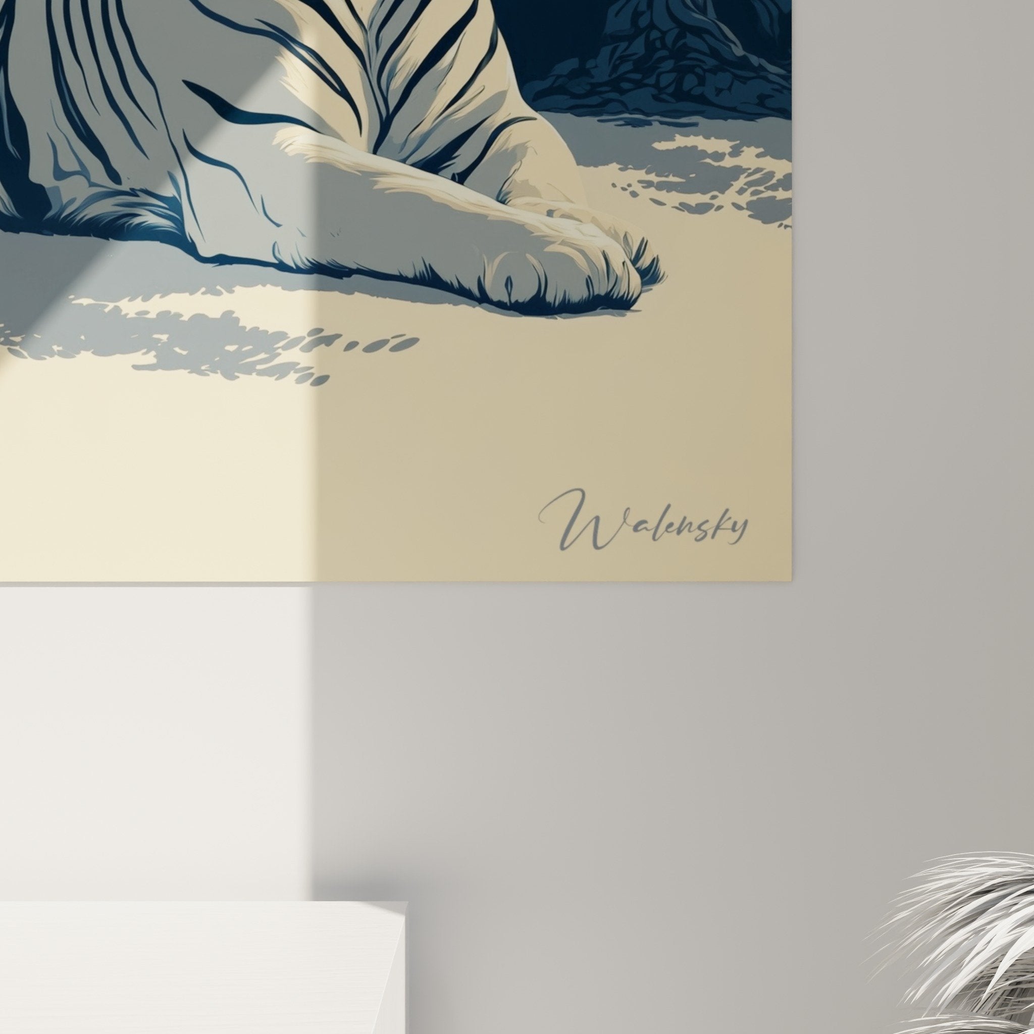 Vue ensemble tableau tigre sous arbre branches tordues palette orange bleu decoration salon