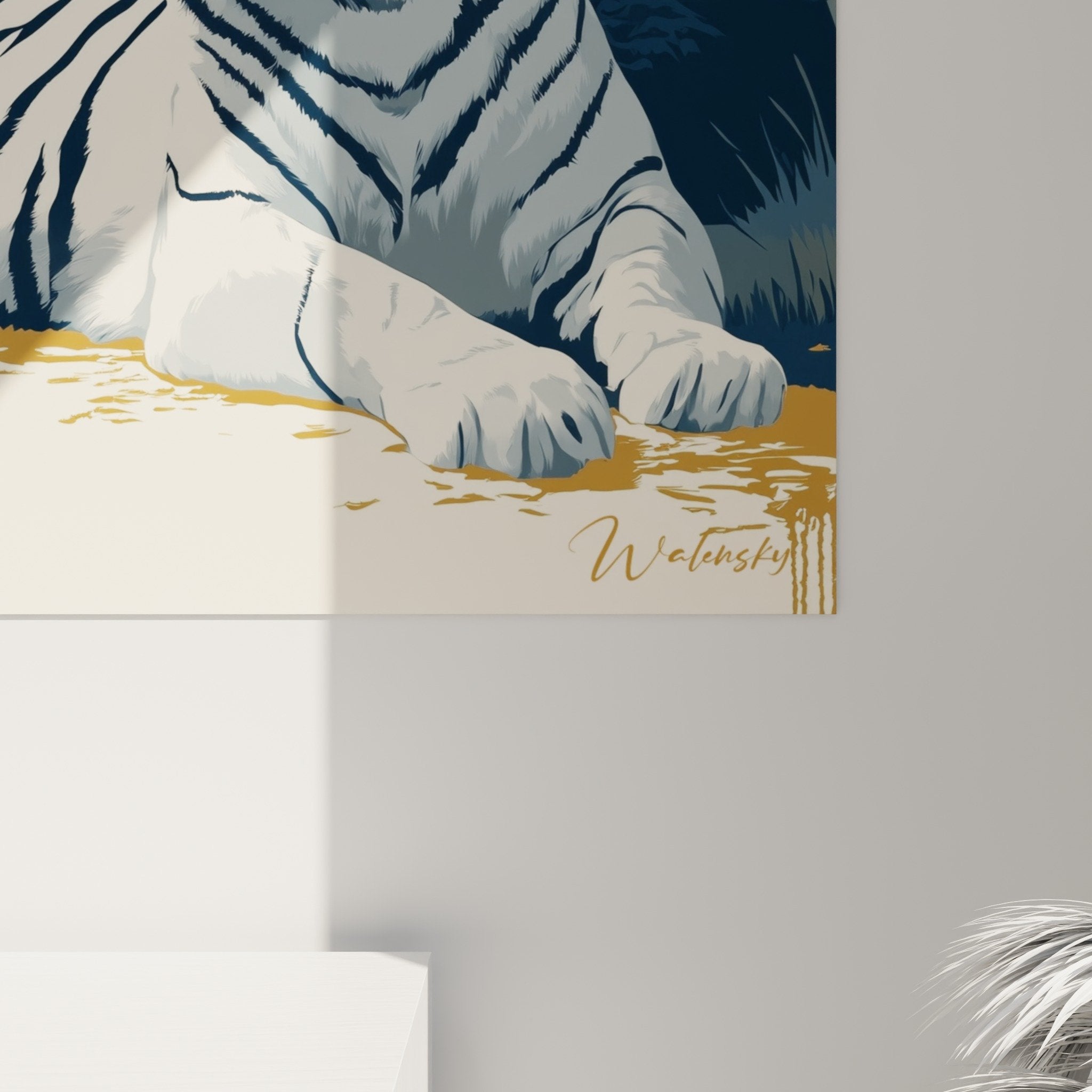 Gesamtansicht Tigerbild weißer Tiger hundertjähriger Baum goldblau Farbpalette Wanddekoration