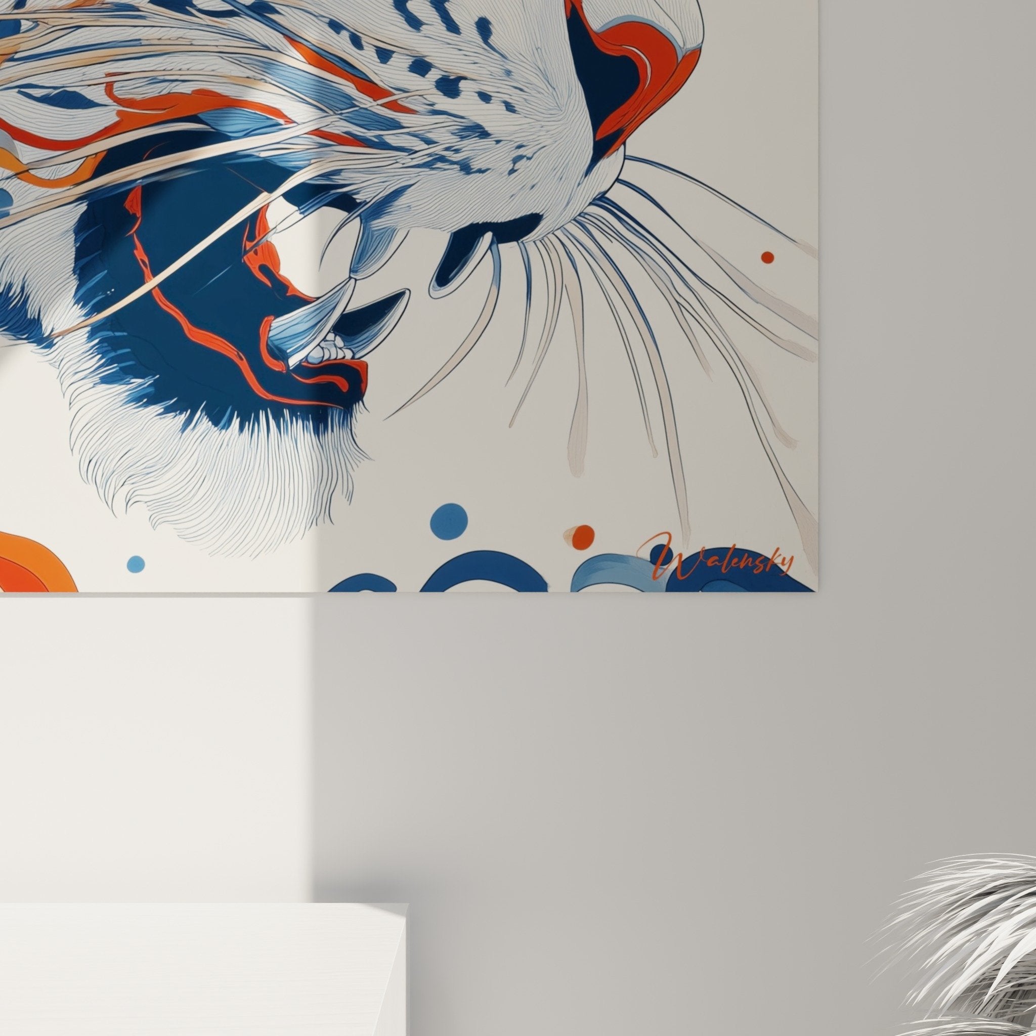 Vue ensemble tableau tigre decoratif bleu orange style japonisant art mural salon moderne