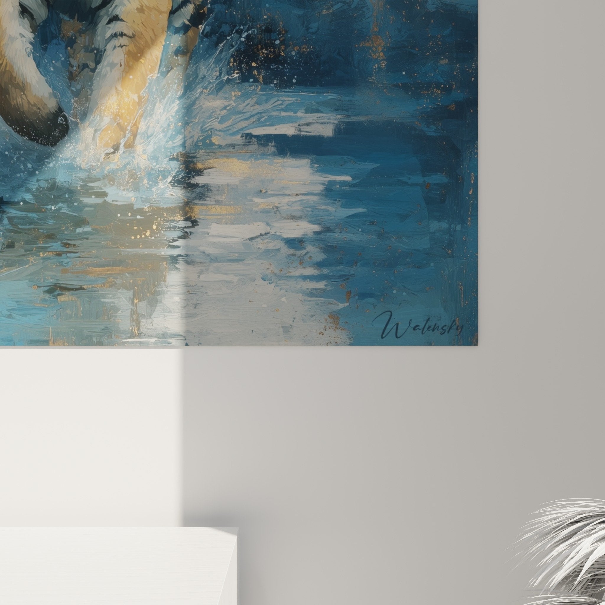 vue ensemble tableau tigre eau bleue or decoration interieur moderne