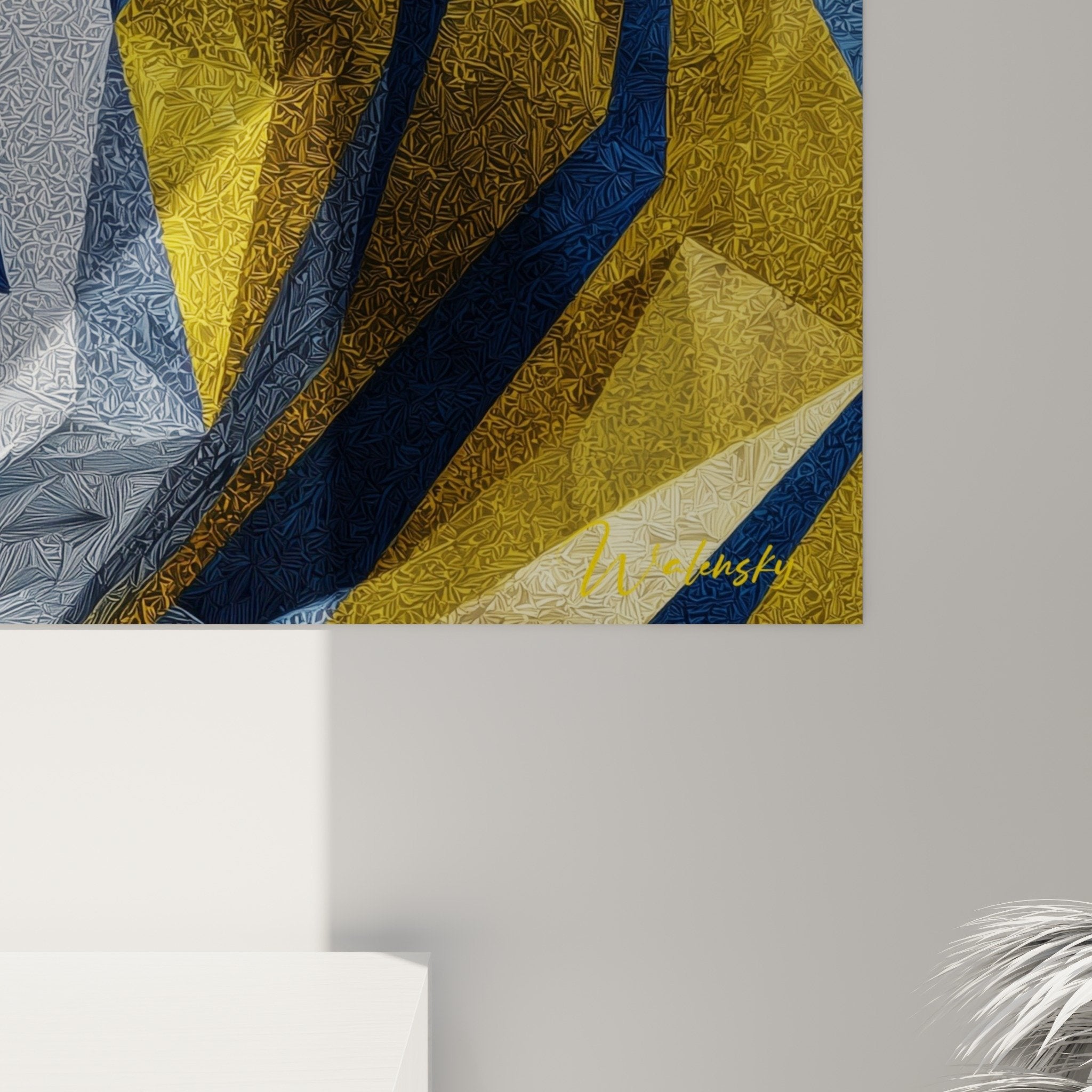 Vue ensemble tableau tigre geometrique dore bleu decoration moderne murale contemporaine