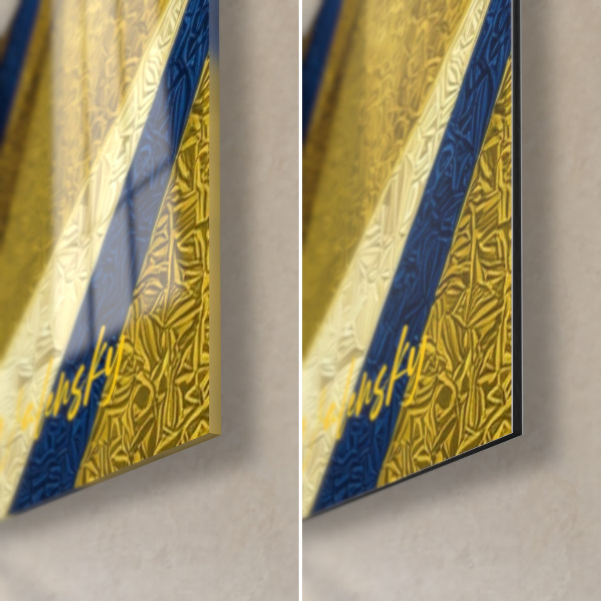 Cuadro Tigre geométrico, esquina inferior derecha: cristal acrílico brillante con reflejos, Dibond mate azul y oro, canto de 3 mm