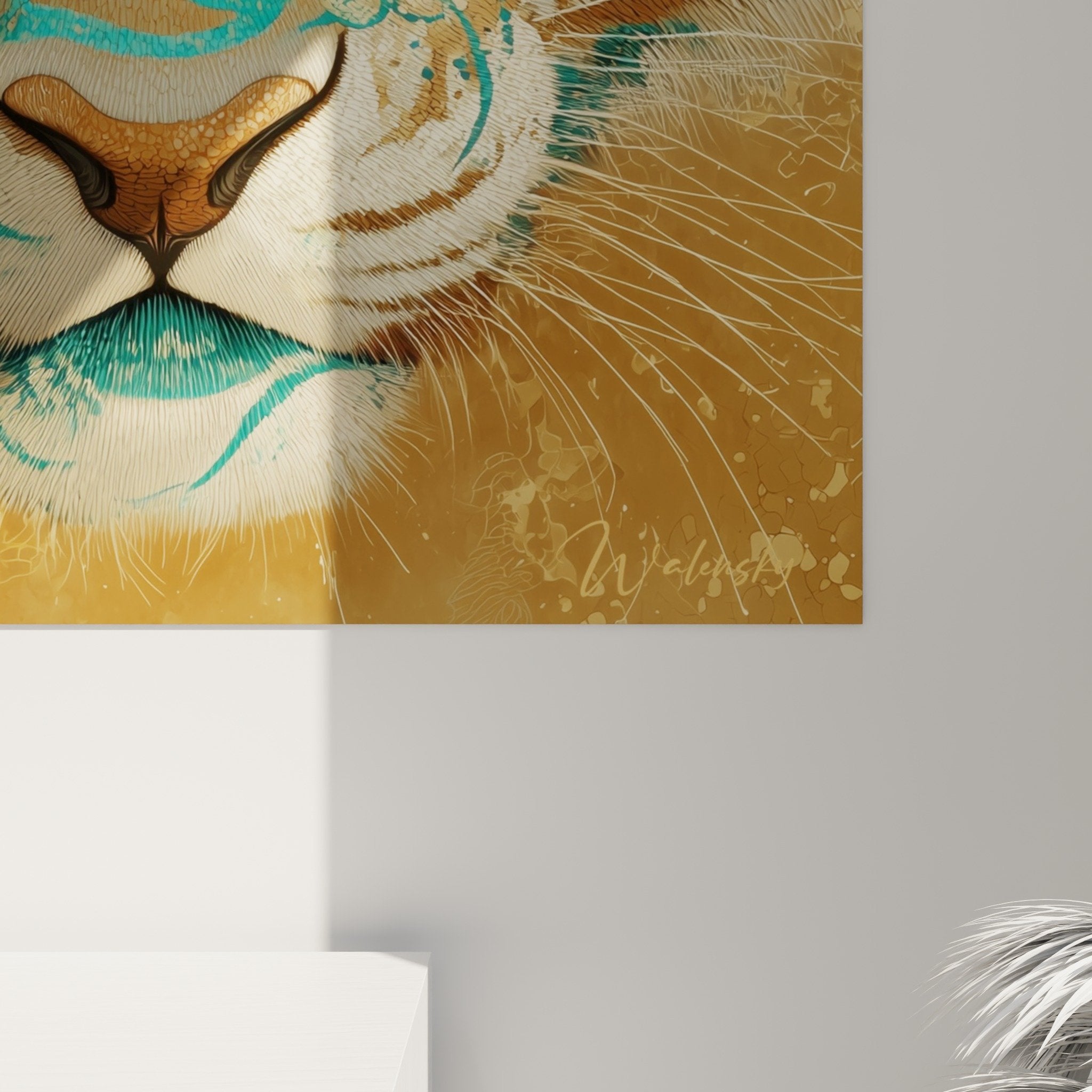 Vue ensemble tableau tigre abstrait mural decoration interieure art contemporain teal bronze