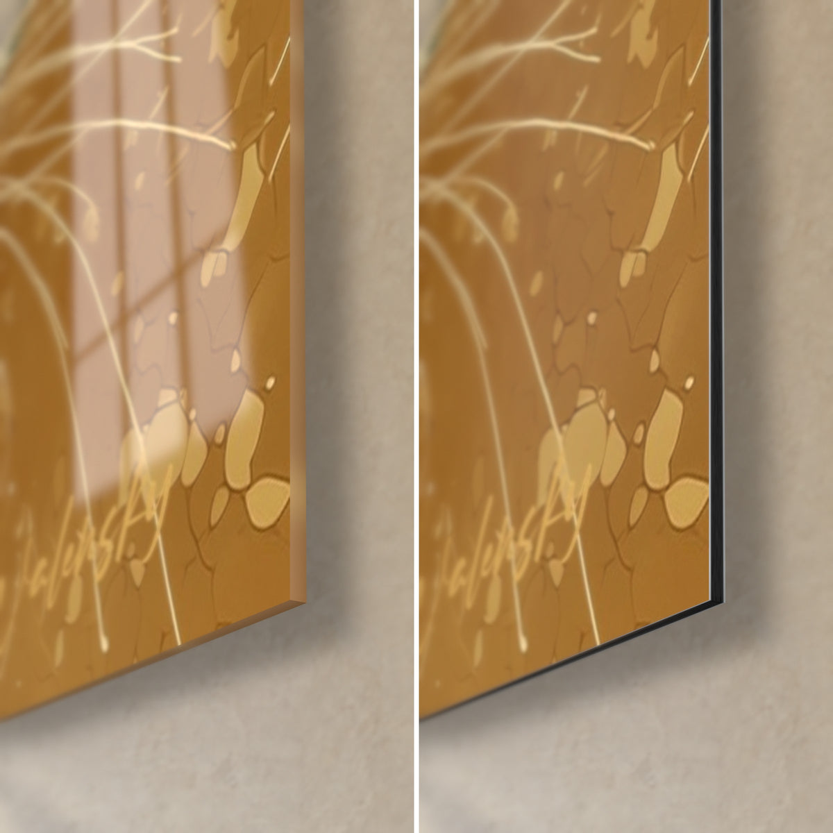 Cuadro de tigre con bigotes marfil, esquina inferior derecha: cristal acrílico brillante a la izquierda, aluminio Dibond ocre mate a la derecha