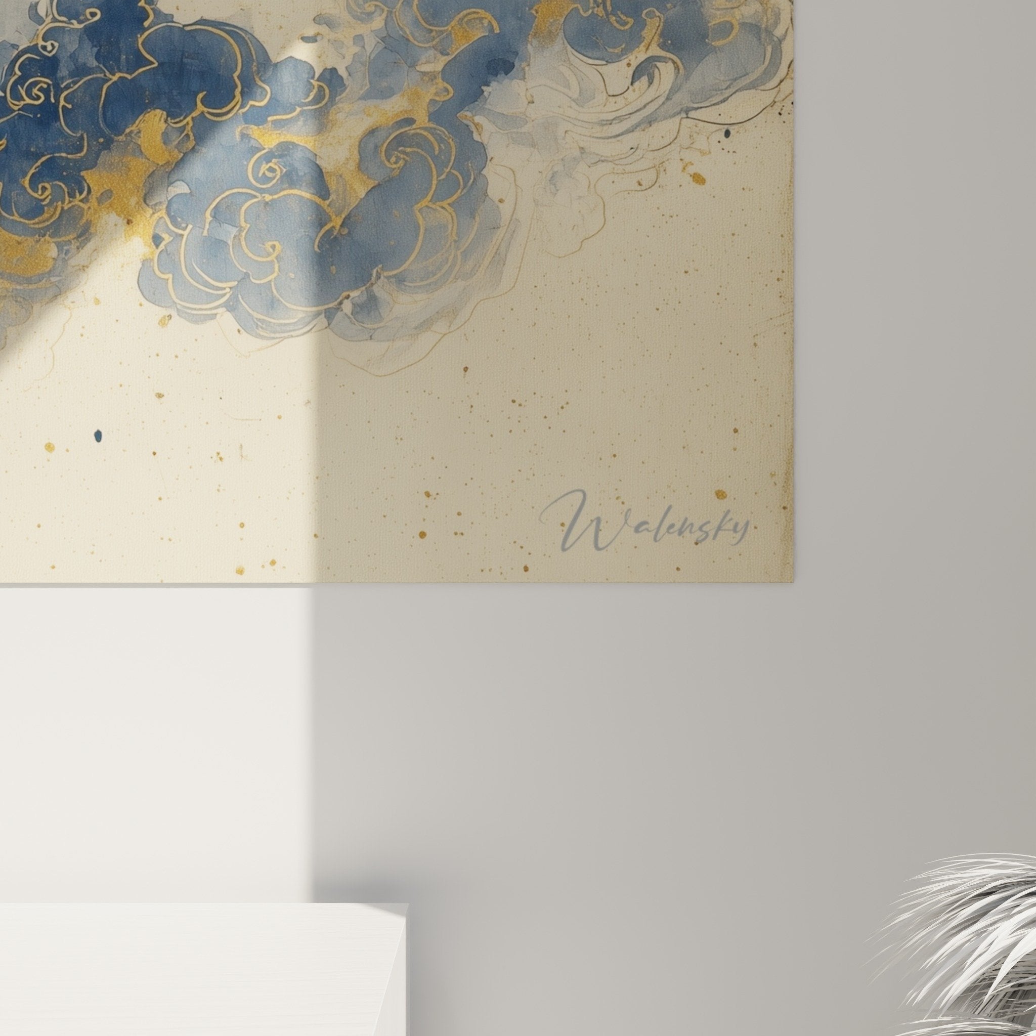 Vue ensemble tableau tigre mystique nuages ors decoration murale elegante