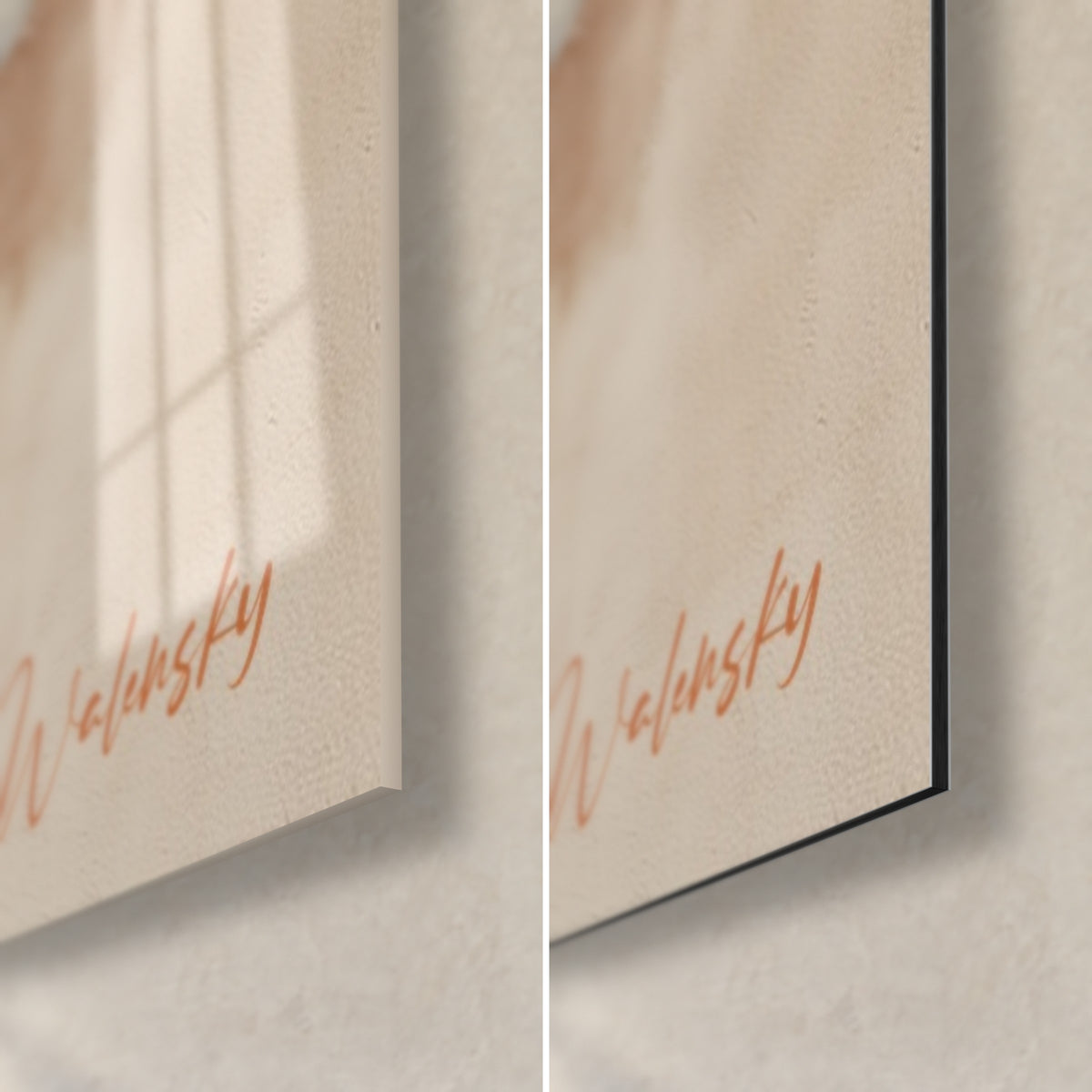 Wall art rust-orange pillar and black mass, signed Walensky bottom right, glossy acrylic glass and matte black Dibond, 3 mm edge