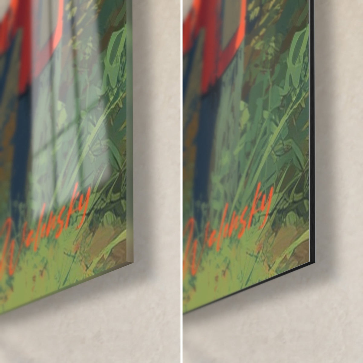 Wall art red torii and olive green grasses, bottom right corner: glossy acrylic glass on the left, matte Dibond aluminium on the right, 3 mm edge