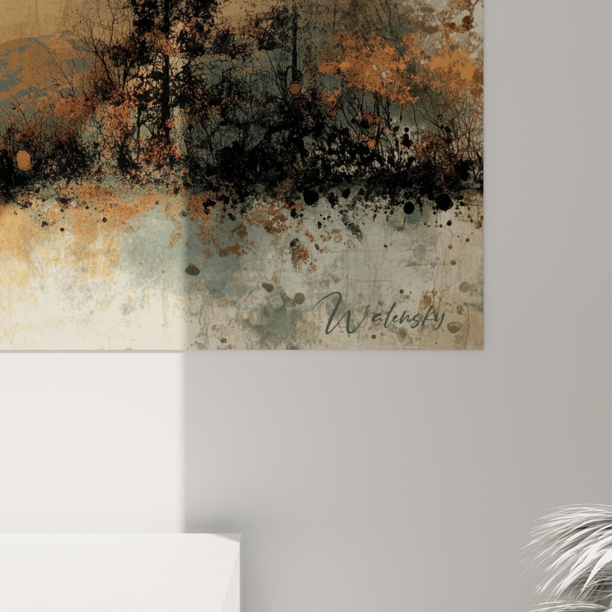 overhead view torii gate landscape Japanese autumn painting ochre brown tones zen wall art