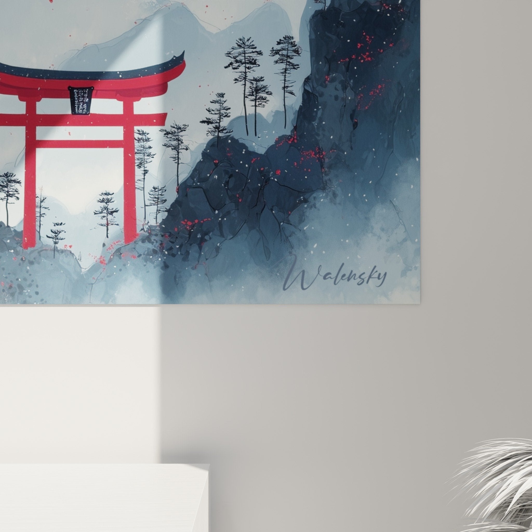 Torii gate landscape painting Japanese mountainous scenery zen wall art cherry blossoms pink flowers