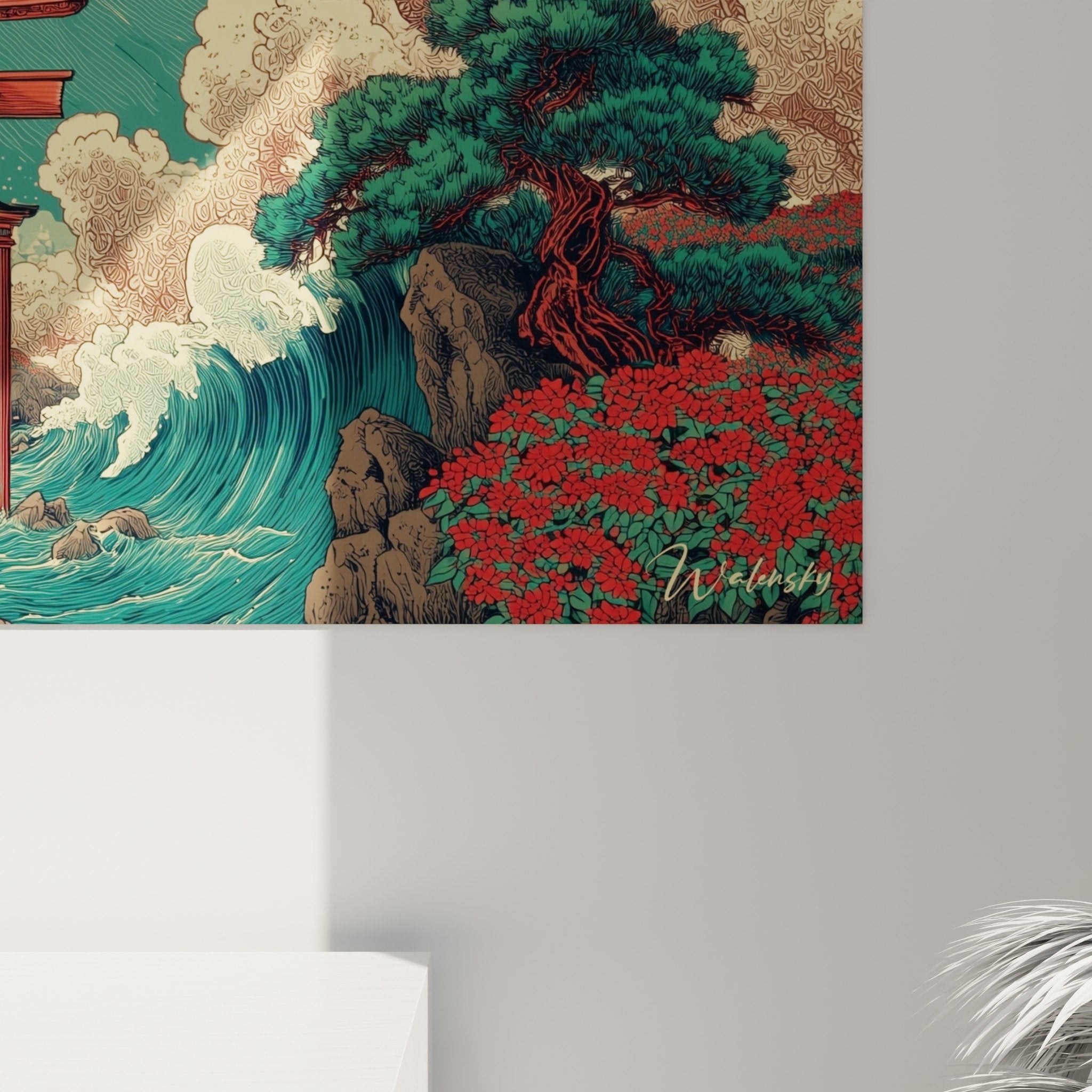 Vue ensemble tableau torii rouge paysage marin japonais composition horizontale art nippon contemporain