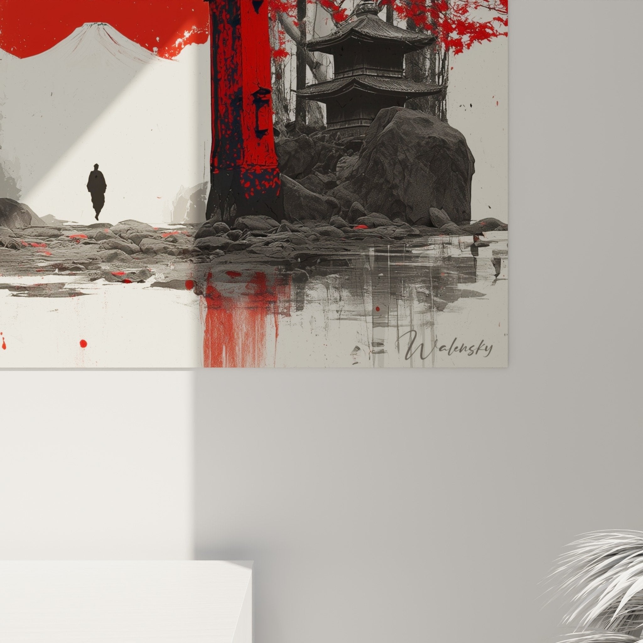 Full view Japanese red torii shrine painting on living room wall zen minimalist modern decoration