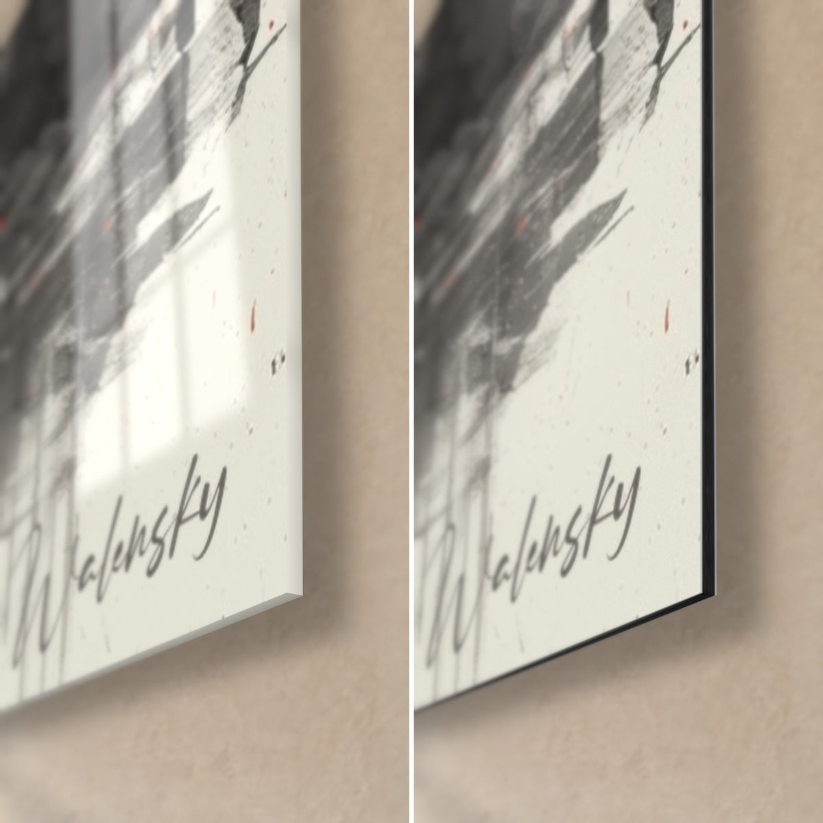 Cuadro de un torii rojo y negro, firma Walensky en negro en la esquina inferior derecha, cristal acrílico brillante a la izquierda, aluminio Dibond mate a la derecha