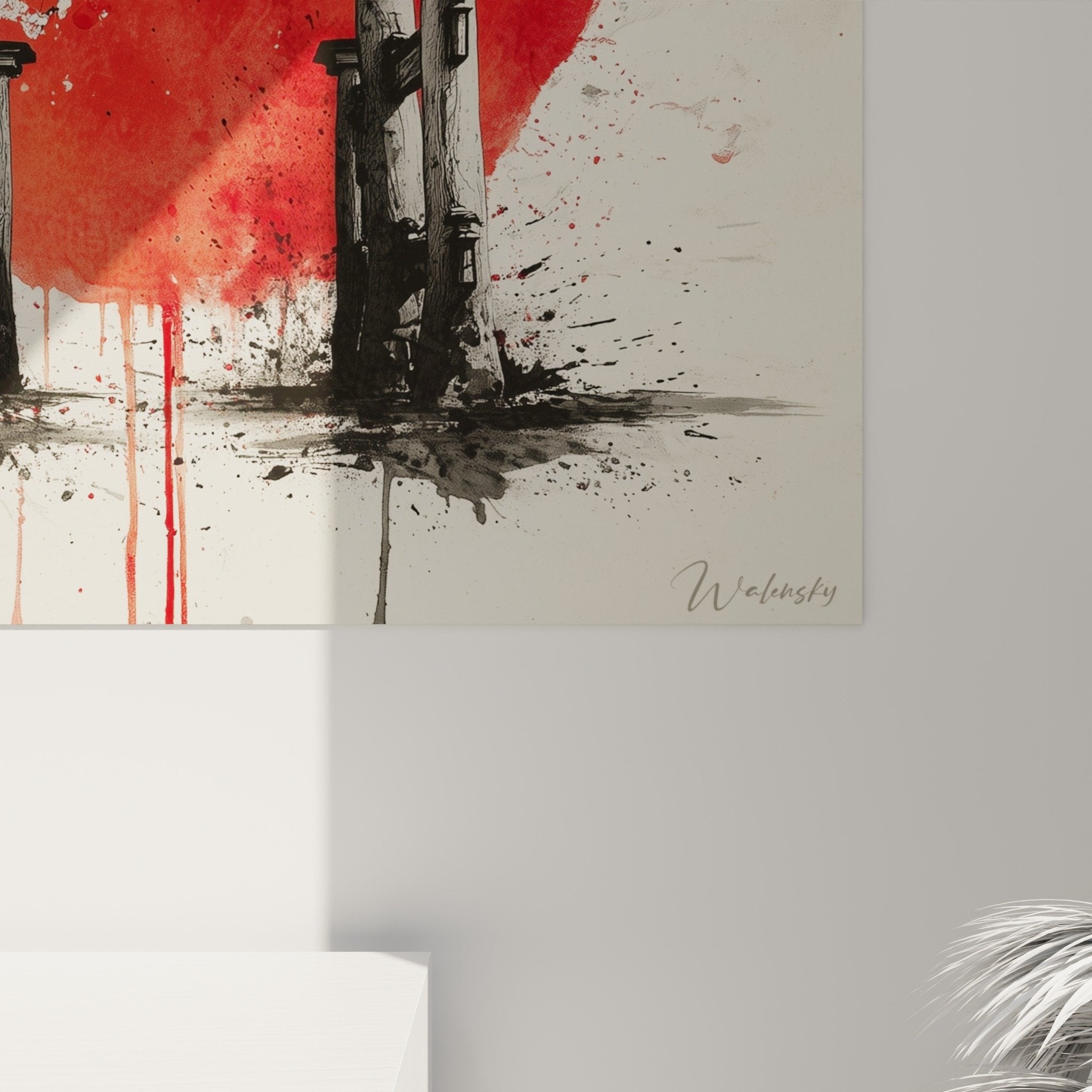 Full view Japanese torii gate red sun wall art contemporary Asian decoration