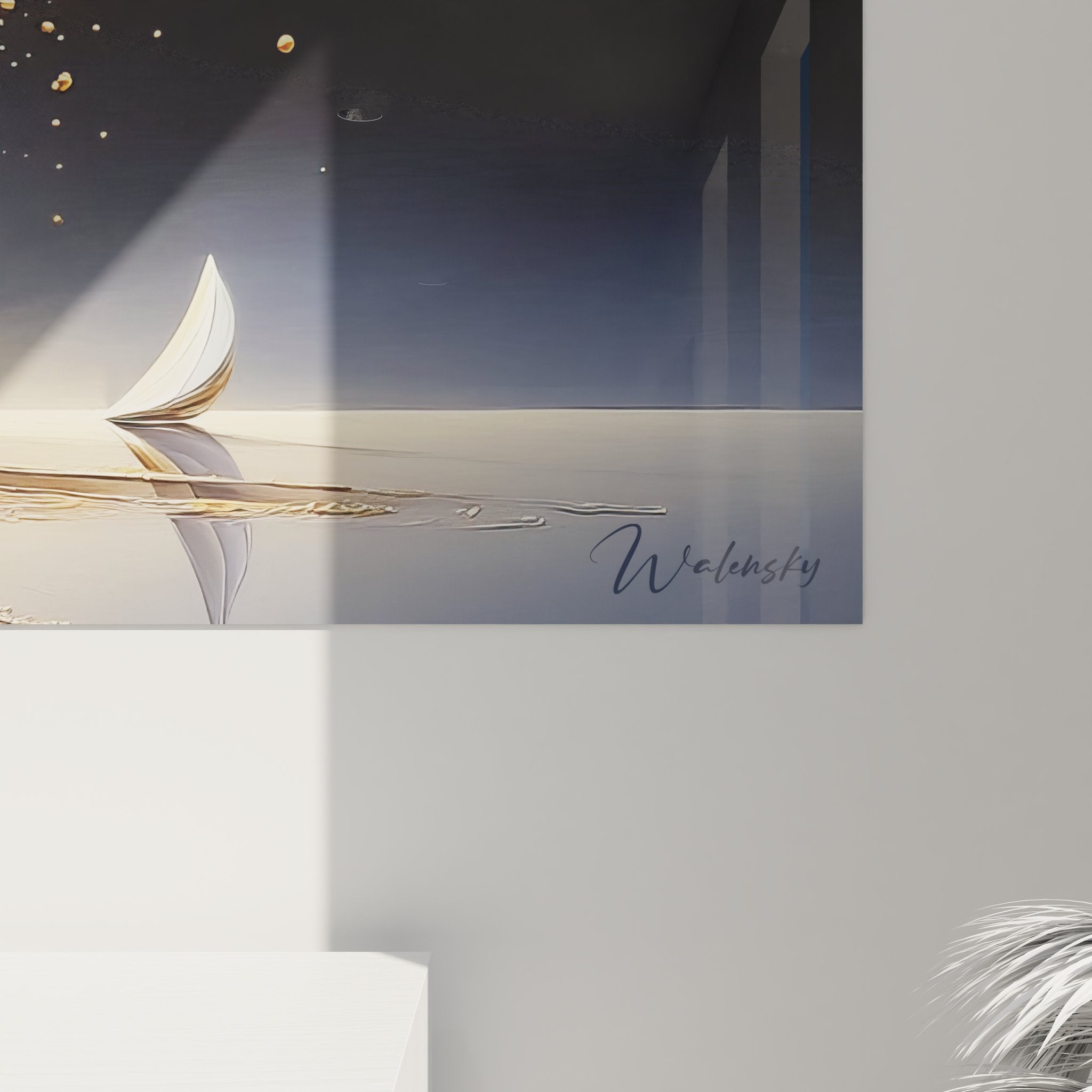 Vue ensemble tableau mural tourbillon dynamique particules dorées art moderne