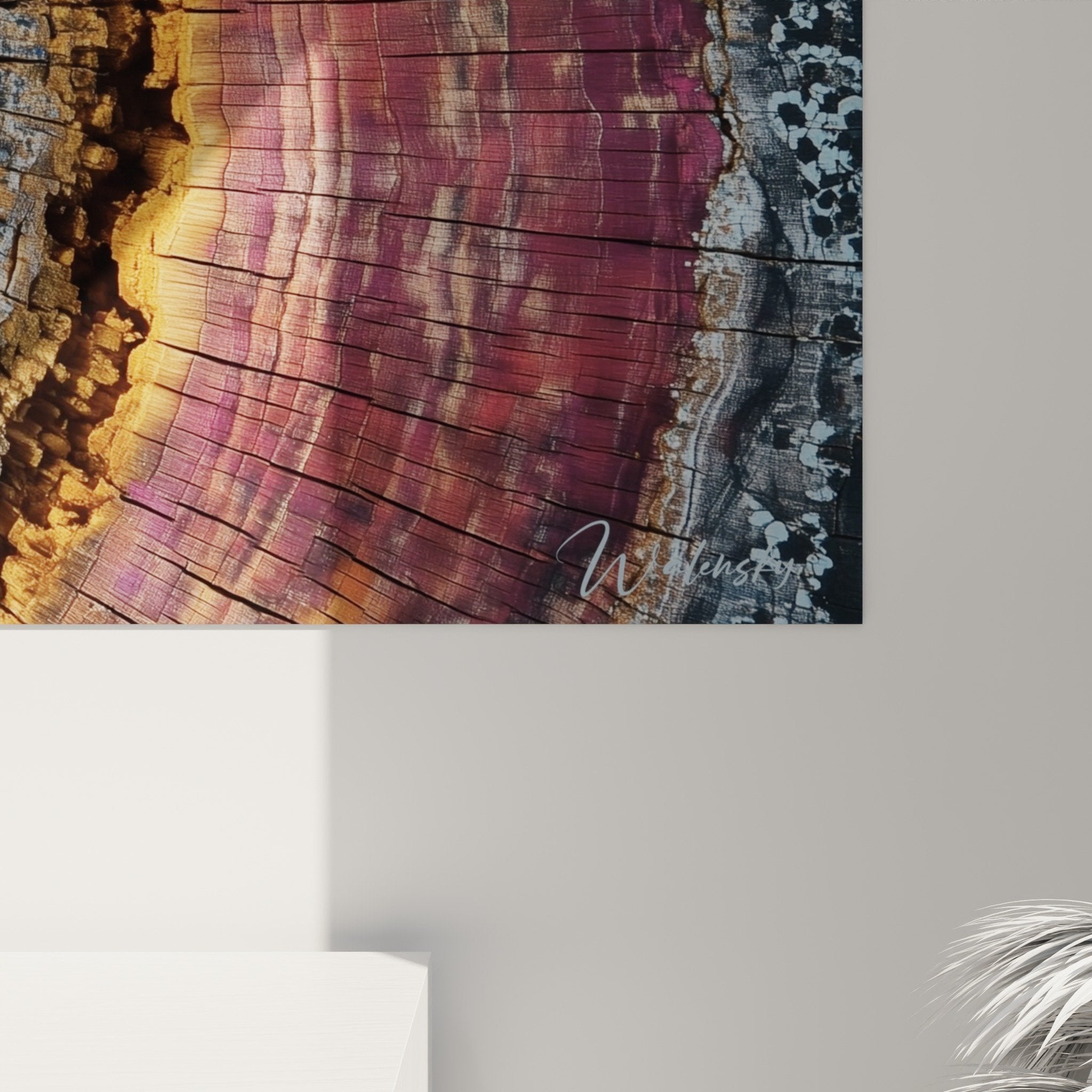 Gesamtansicht Baumstamm-Wandbild mit konzentrischen Ringen Feng-Shui Wanddekoration Holz Osten