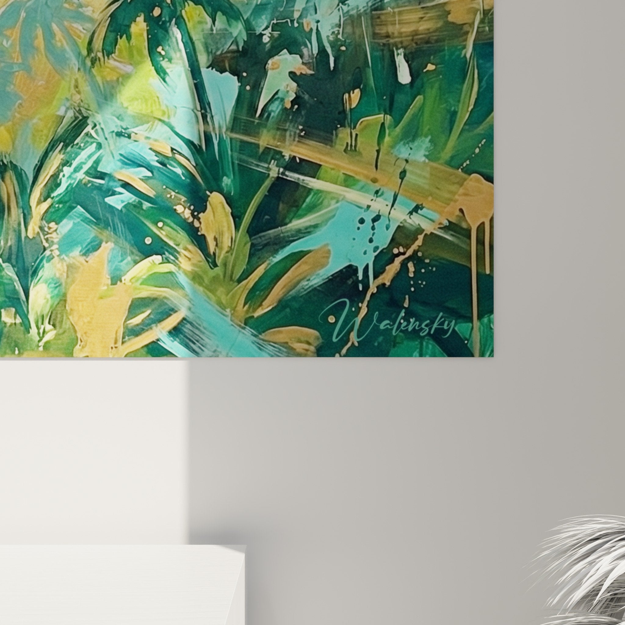 Gesamtansicht Trapezkunstler tropisches Türkis goldenes Wandbild Wanddekoration