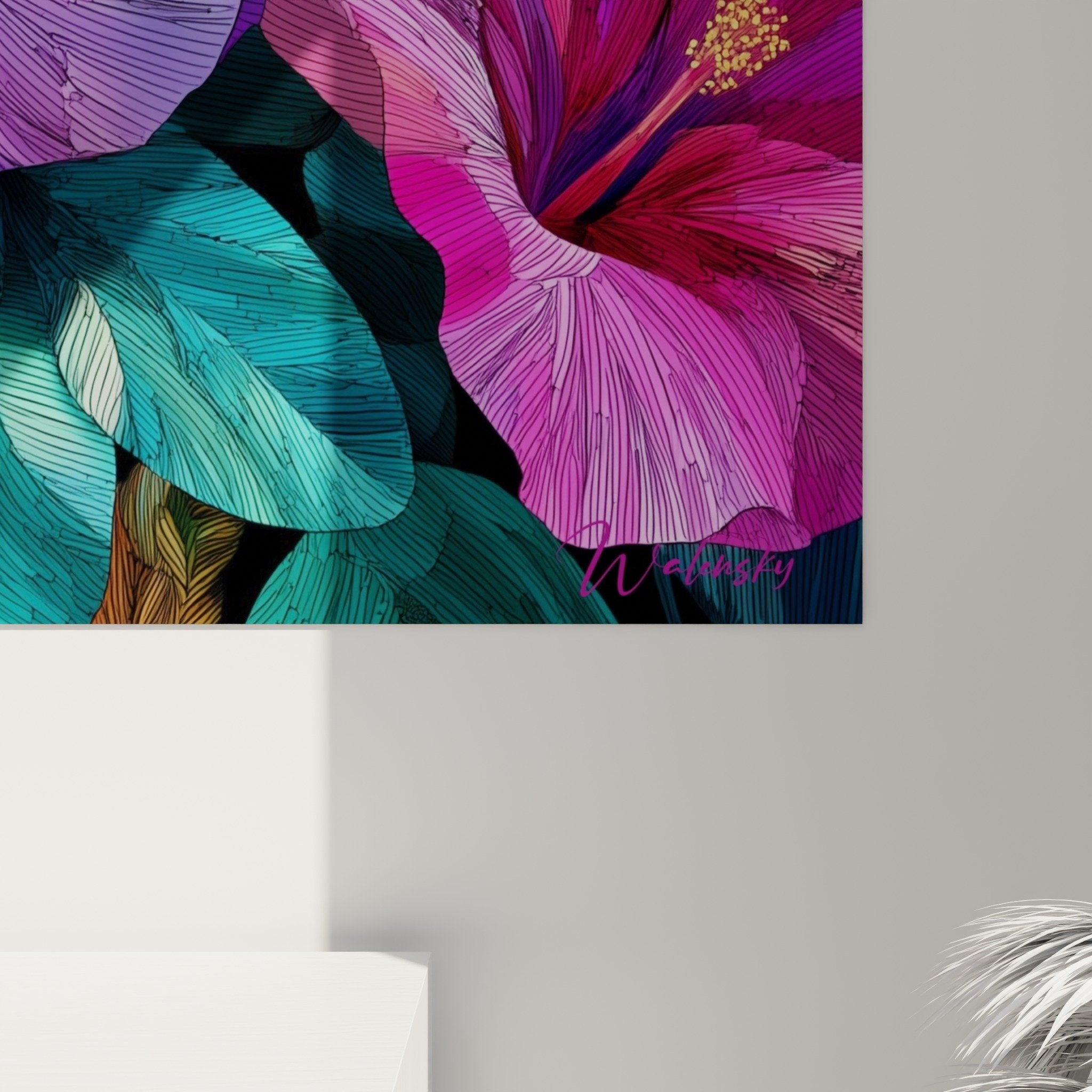 Overall view tropical hibiscus purple painting, southeast feng shui plant composition wood