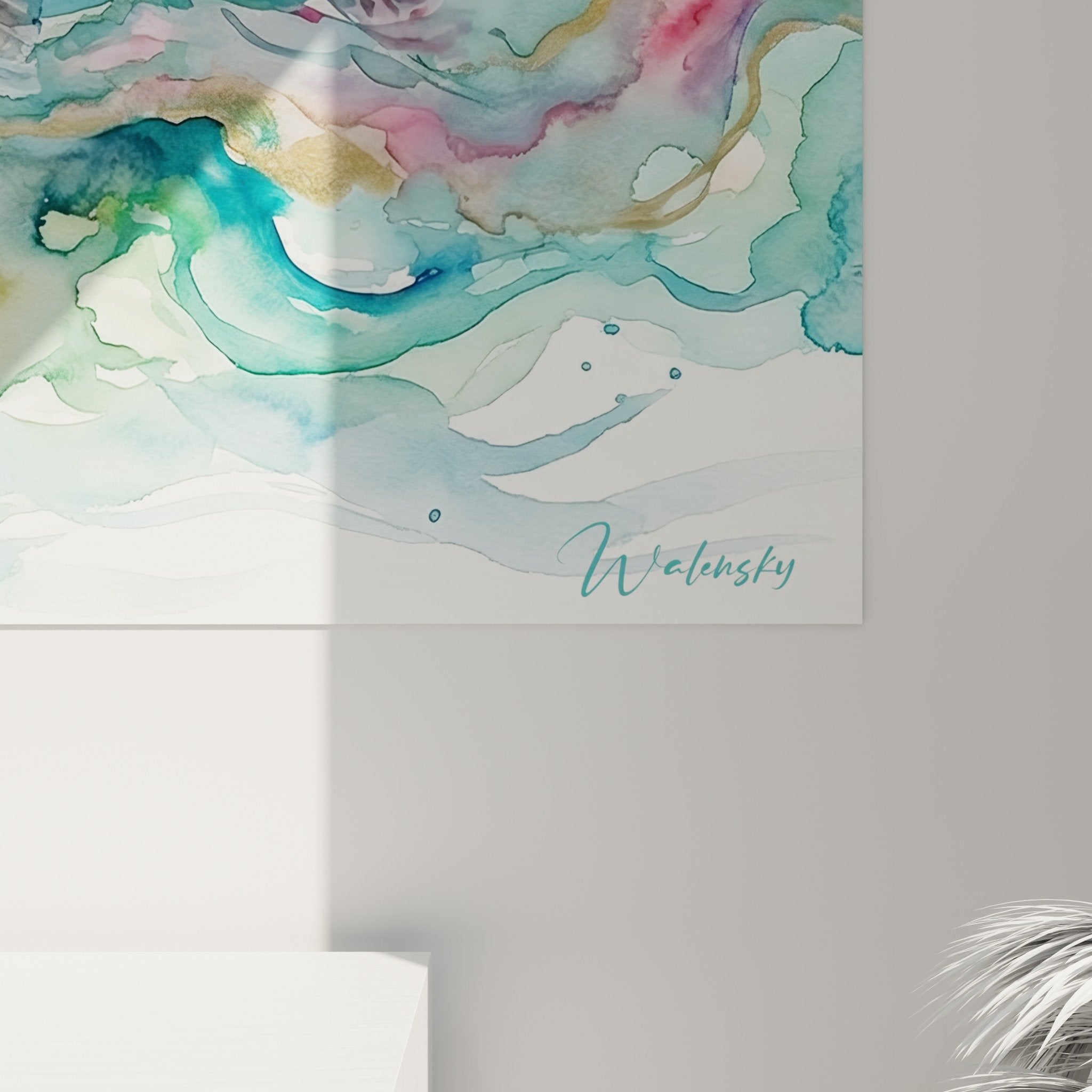 Gesamtansicht Forellen-Gemälde Aquarellstil zeitgenössische Wanddekoration Fischerei