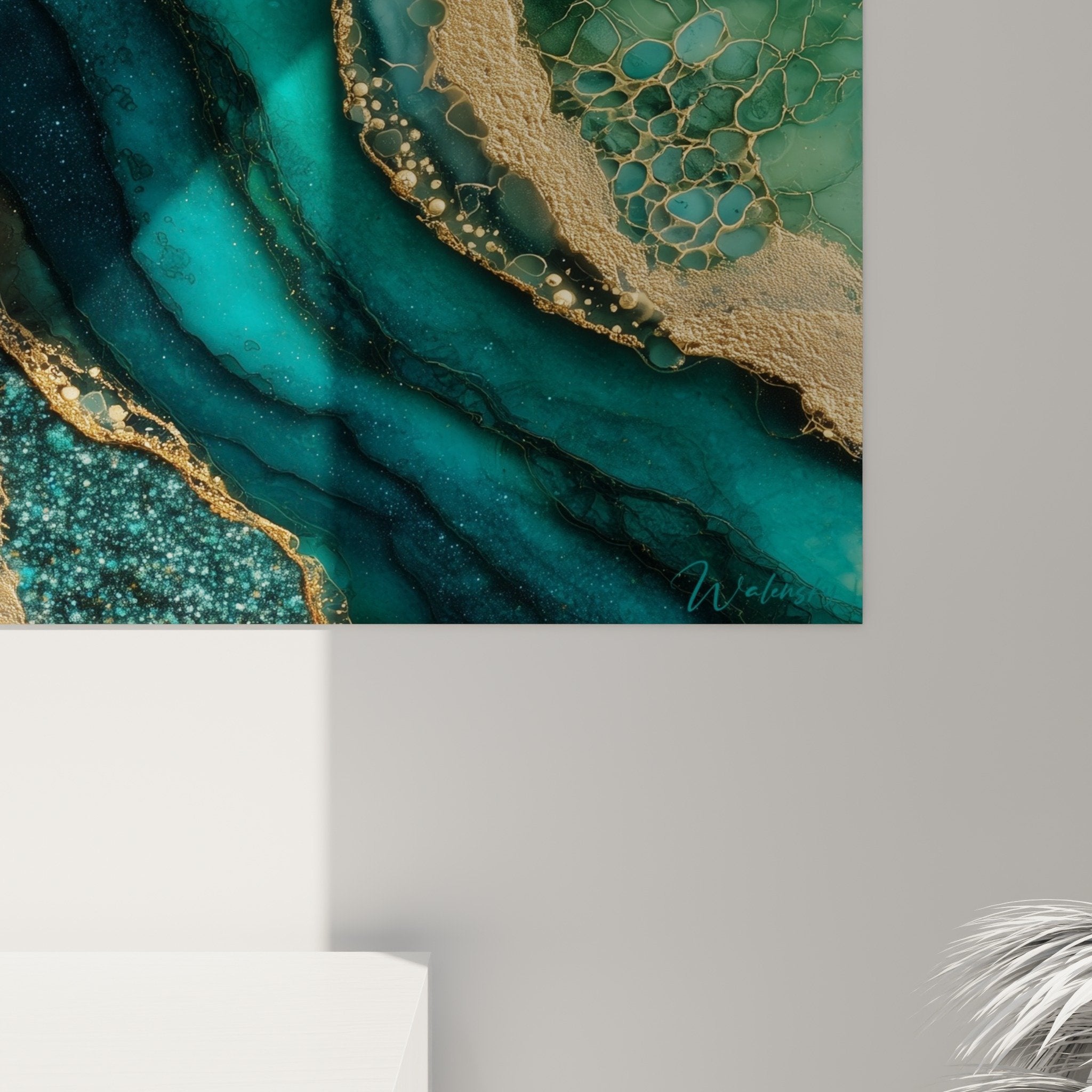 vue ensemble tableau abstrait turquoise or salon decoration feng shui sud est bois