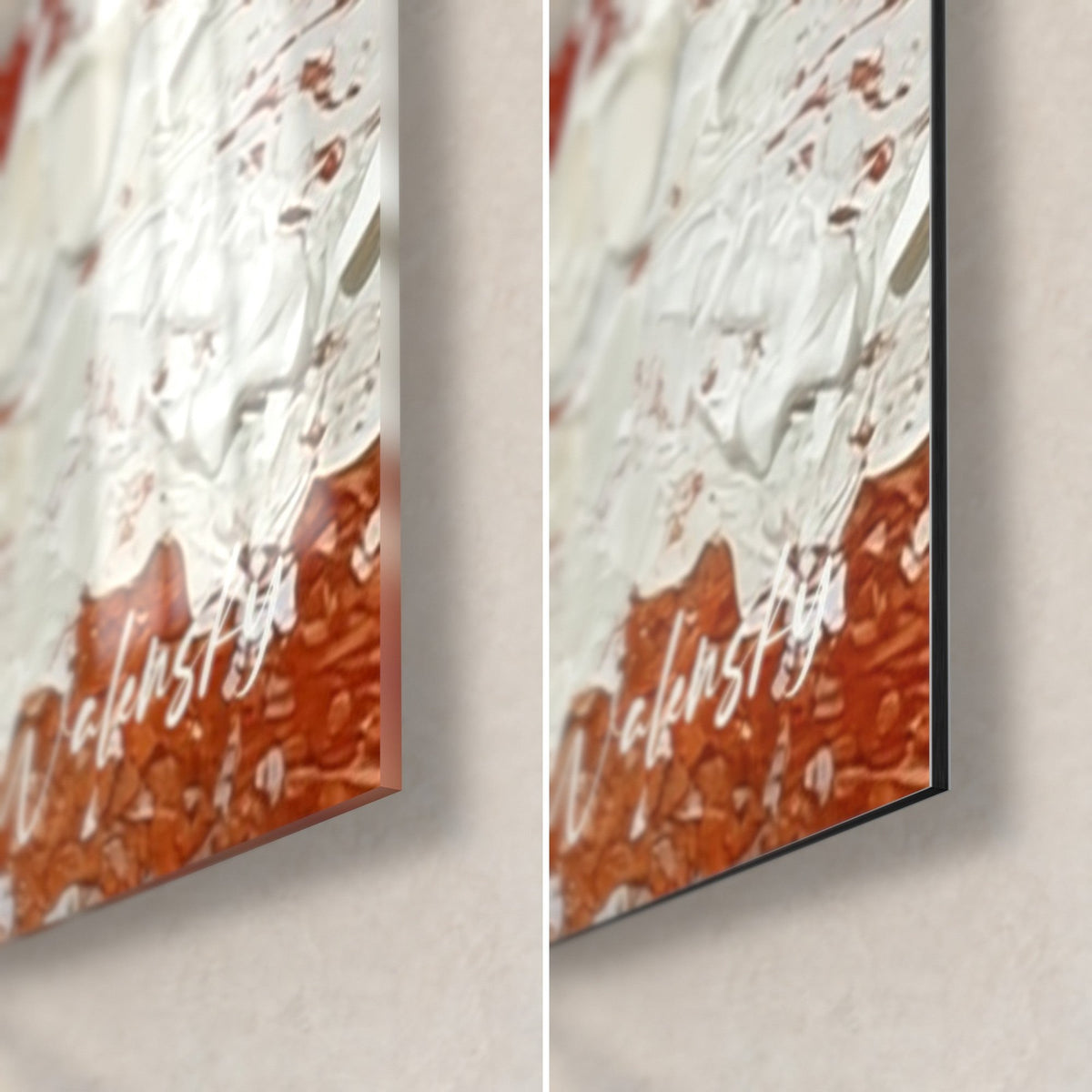 Wall art wave painted with a palette knife, bottom right corner: white and sienna splashes, glossy glass over matte Dibond, 3 mm edge