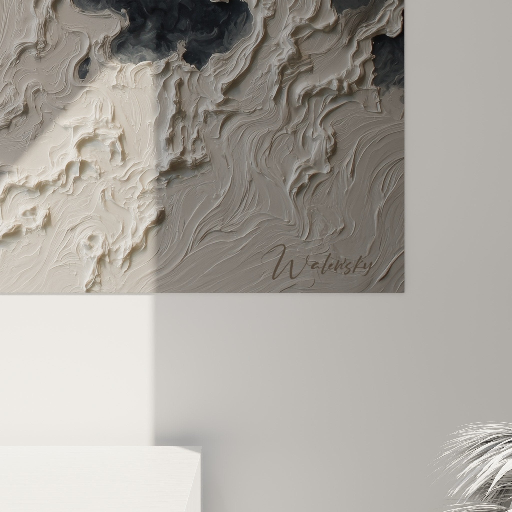 Abstract ocean waves wall art with white gray black relief feng shui metal modern living room decor