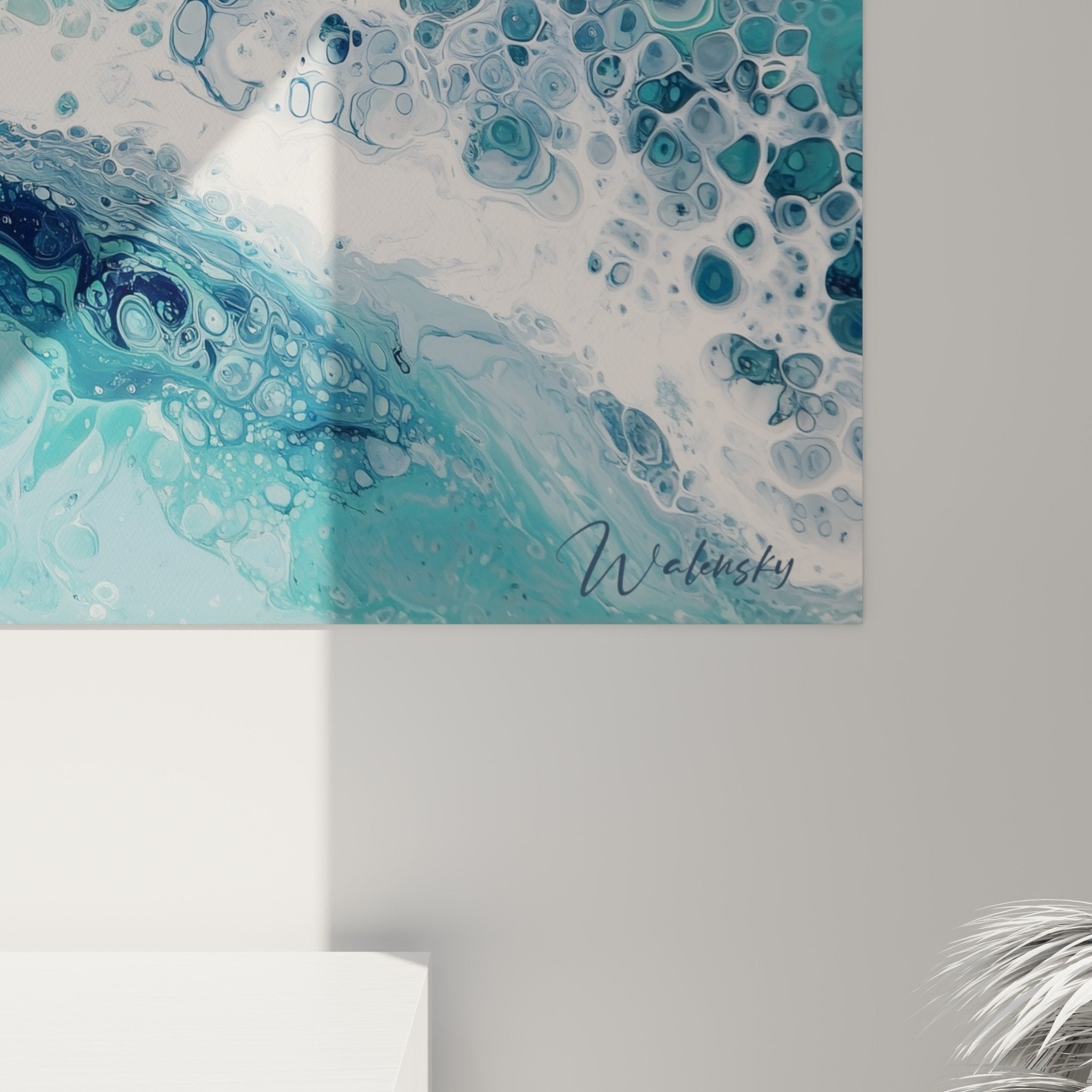 Vue ensemble tableau vagues marines abstraites bleu turquoise décoration murale contemporaine