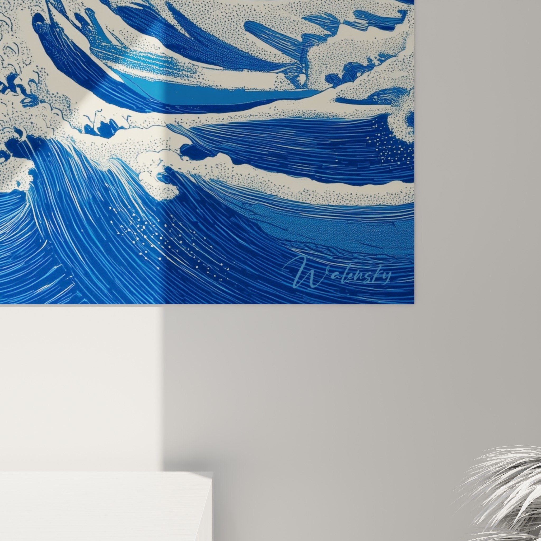 Vue ensemble tableau vagues marines bleues decoration murale feng shui nord eau style japonais moderne