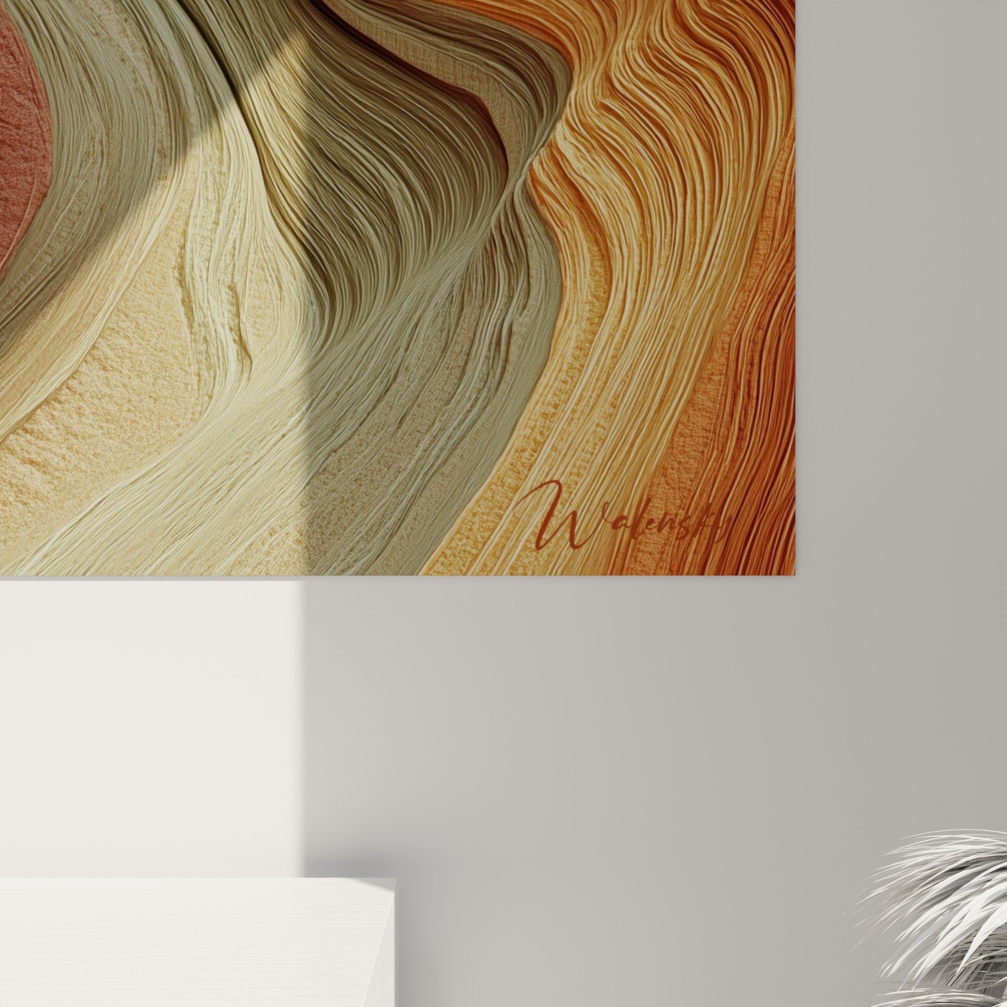 Overview of abstract waves painting in earthy tones wall art feng shui northeast